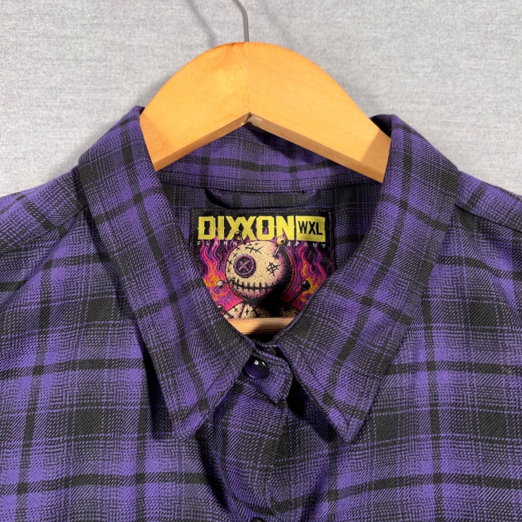 Dixxon Flannel Shirt Womens 1XL Purple Black Plaid Button Snap Voodoo Nwot, Women's — image 4 of 6