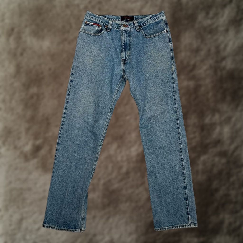 Denime VTG Tommy Jeans Jeans Straight Mens 33x32 Blue Light Wash Denim Distressed 5-Pocket Logo Patch Distressed Style Vintage Modern Straight Leg Mens Jeans Size US 33 - 1 Thumbnail