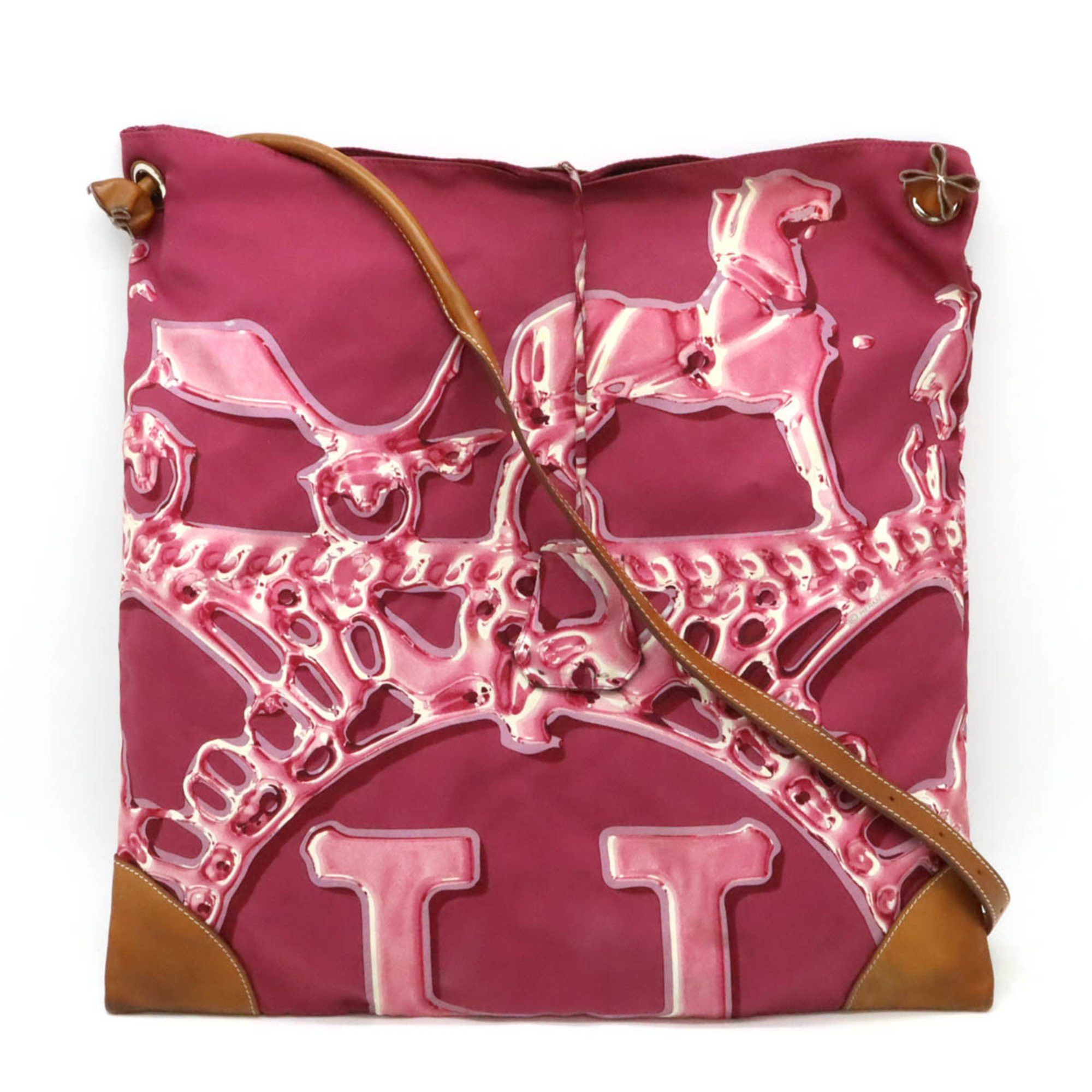 Hermes Silky City Mm Shoulder Bag Silk Leather Pink Purple Brown Pouch Not Included O Stamp, Women's