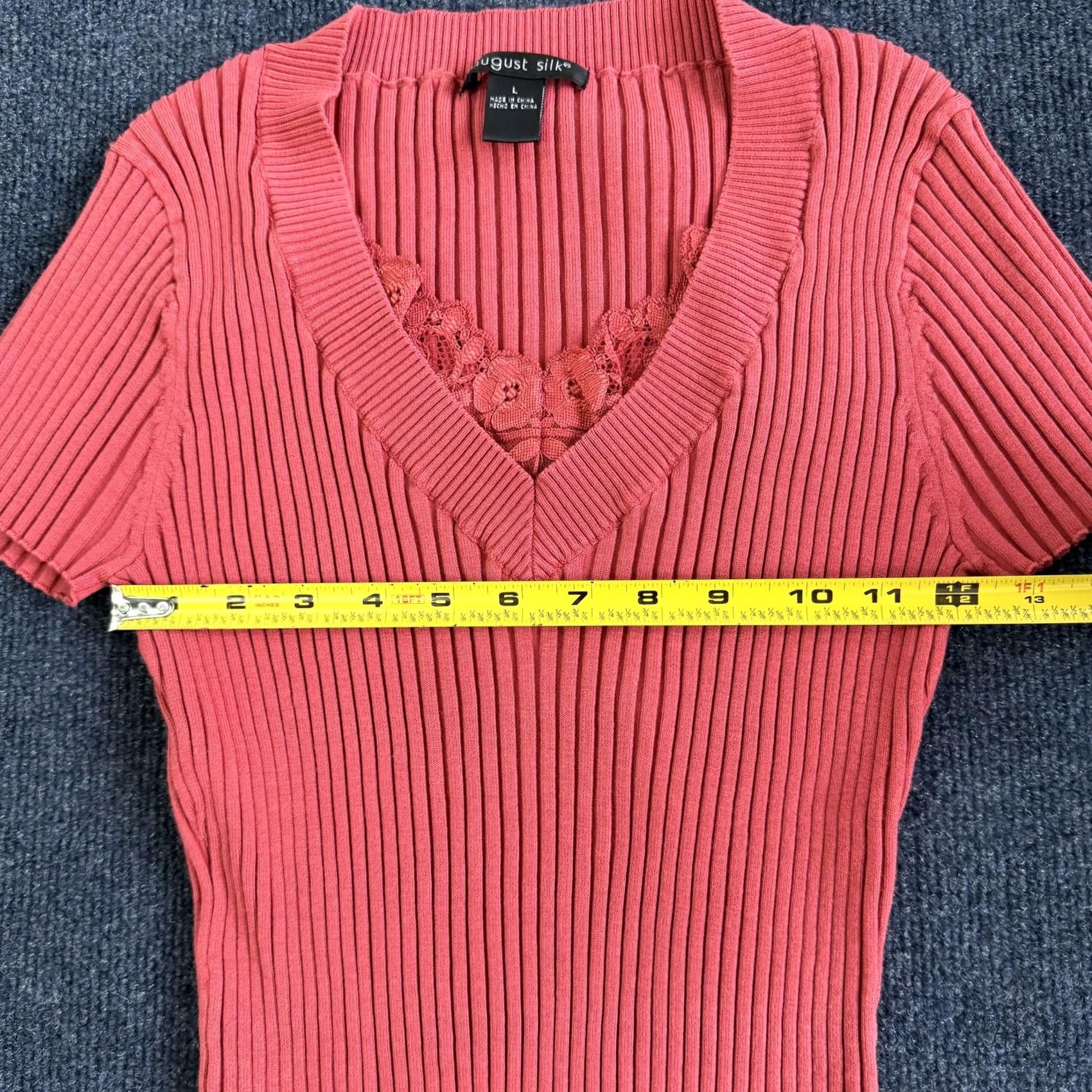 Vintage August Silk Sweater Womens Large Pink V Neck Lace Trim Short Sleeve Ribbed Knit Pullover Casual Adults Mens? Size L / US 10 / IT 46 - 5 Thumbnail