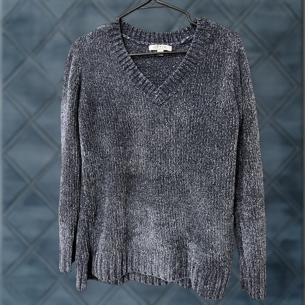 Orvis Orvis Women’s Chenille V-neck Long Sleeve Soft Knit Sweater Small Heather Blue 90s Women’s Size S / US 4 / IT 40 - 1 Thumbnail