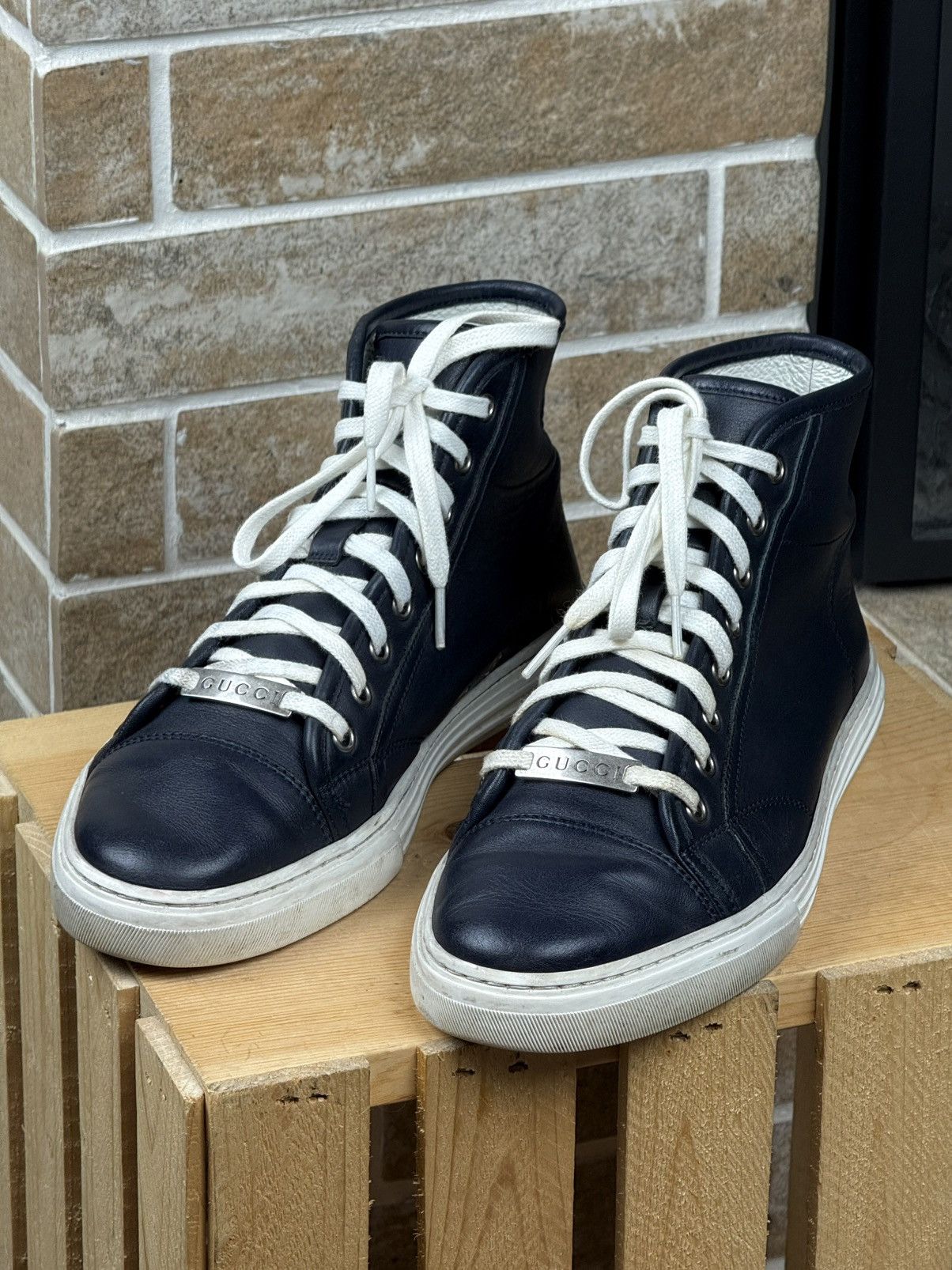 Gucci Gucci Blue Leather Hi Top Sneakers Size US 6.5 / EU 39-40 - 1 Thumbnail