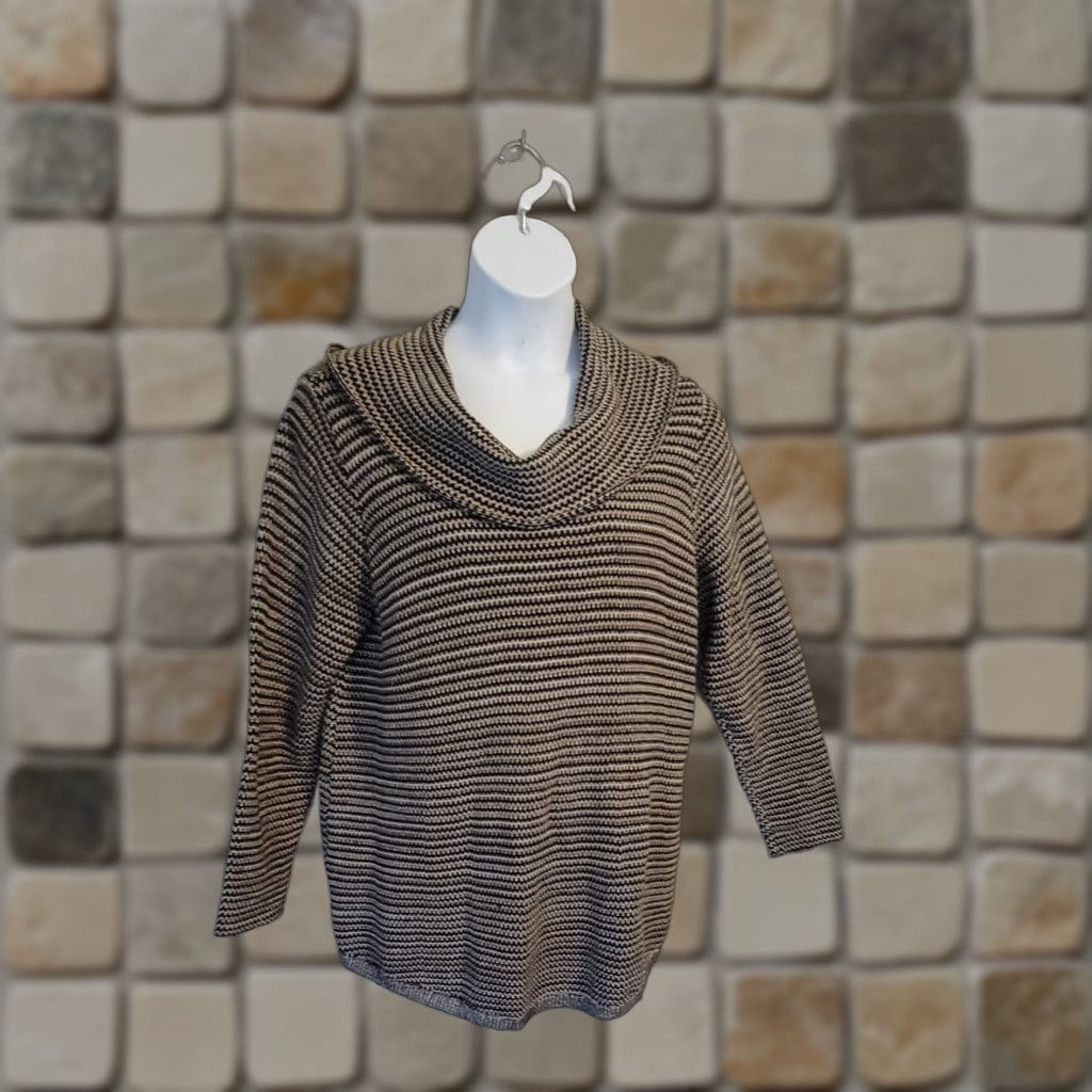 Avenue Avenue Striped Knit Tunic Cowl Neck Sweater Boho 18 20 Plus Womens Black Beige Cotton Knit Tunic Bohemian Size 20 Size 3XL / US 20-22 - 1 Thumbnail
