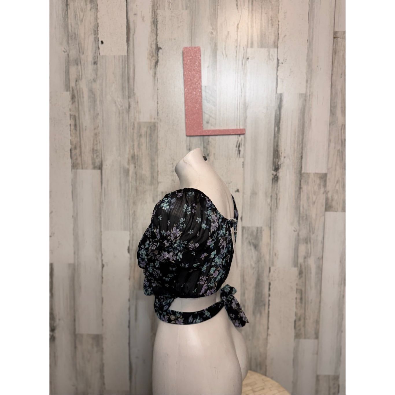 Other Love Tree Floral Puff Sleeve Wrap Crop Top Black Multi Size Size L / US 10 / IT 46 - 3 Thumbnail