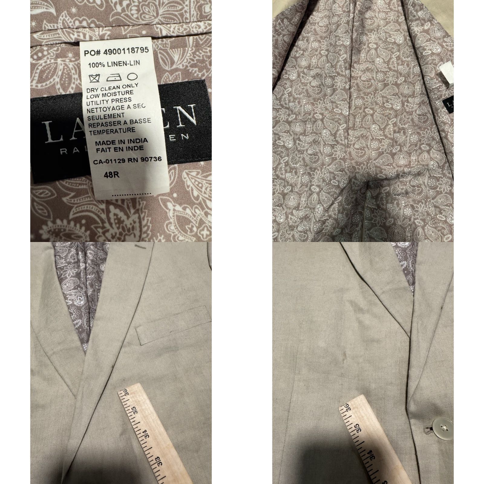 Ralph Lauren LAUREN Ralph Lauren Mens 48R Beige Blazer Linen Single-Breasted 2 Button Jacket Sport Coat Size 48R - 10 Thumbnail