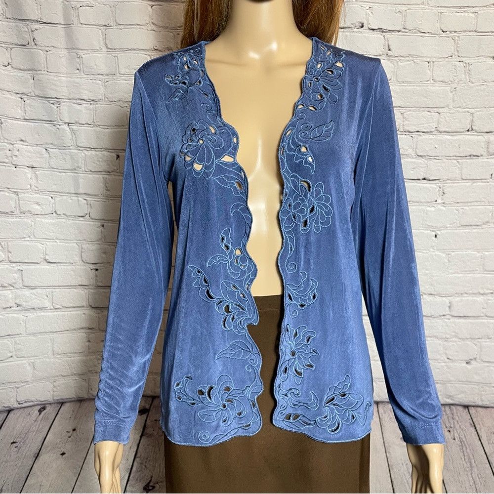 Chicos Chico's Travelers Blue Liquid Knit Embroidered Open Front C Size S / US 4 / IT 40 - 2 Thumbnail