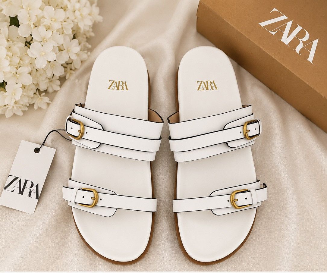 Zara Women’s White Double Buckle Flat Sandals – Minimalist Summer Size US 8 / IT 38 - 1 Thumbnail