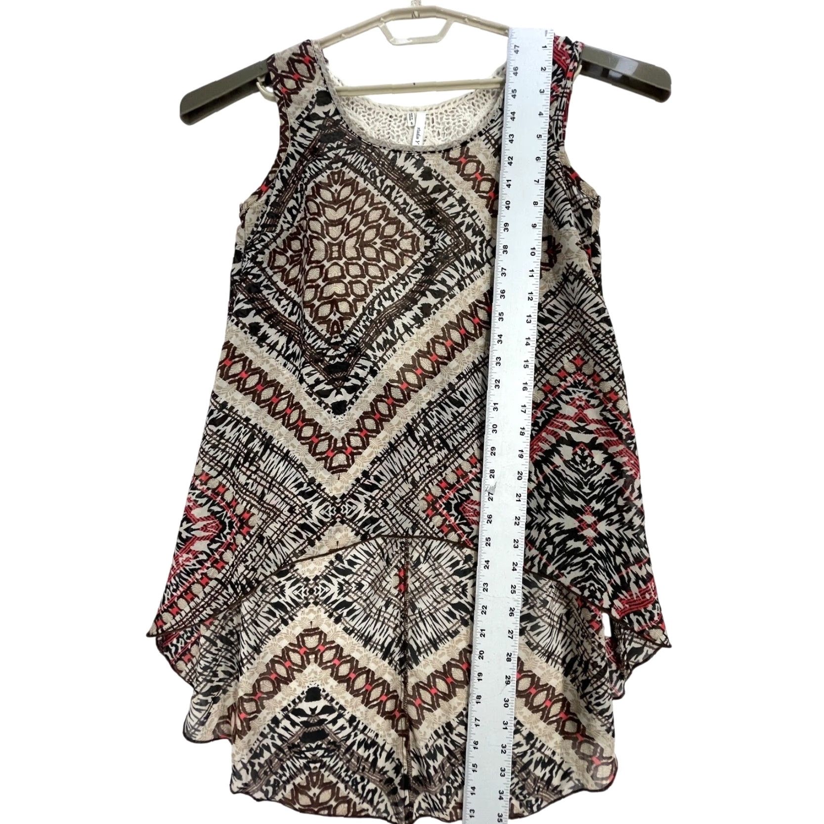Vintage Studio Y Tank Top S Brown Red Sleeveless High Low Hem Crochet Boho Hippie Bohemian Festival Geometric Shirt Women's Small Size S / US 4 / IT 40 - 4 Thumbnail