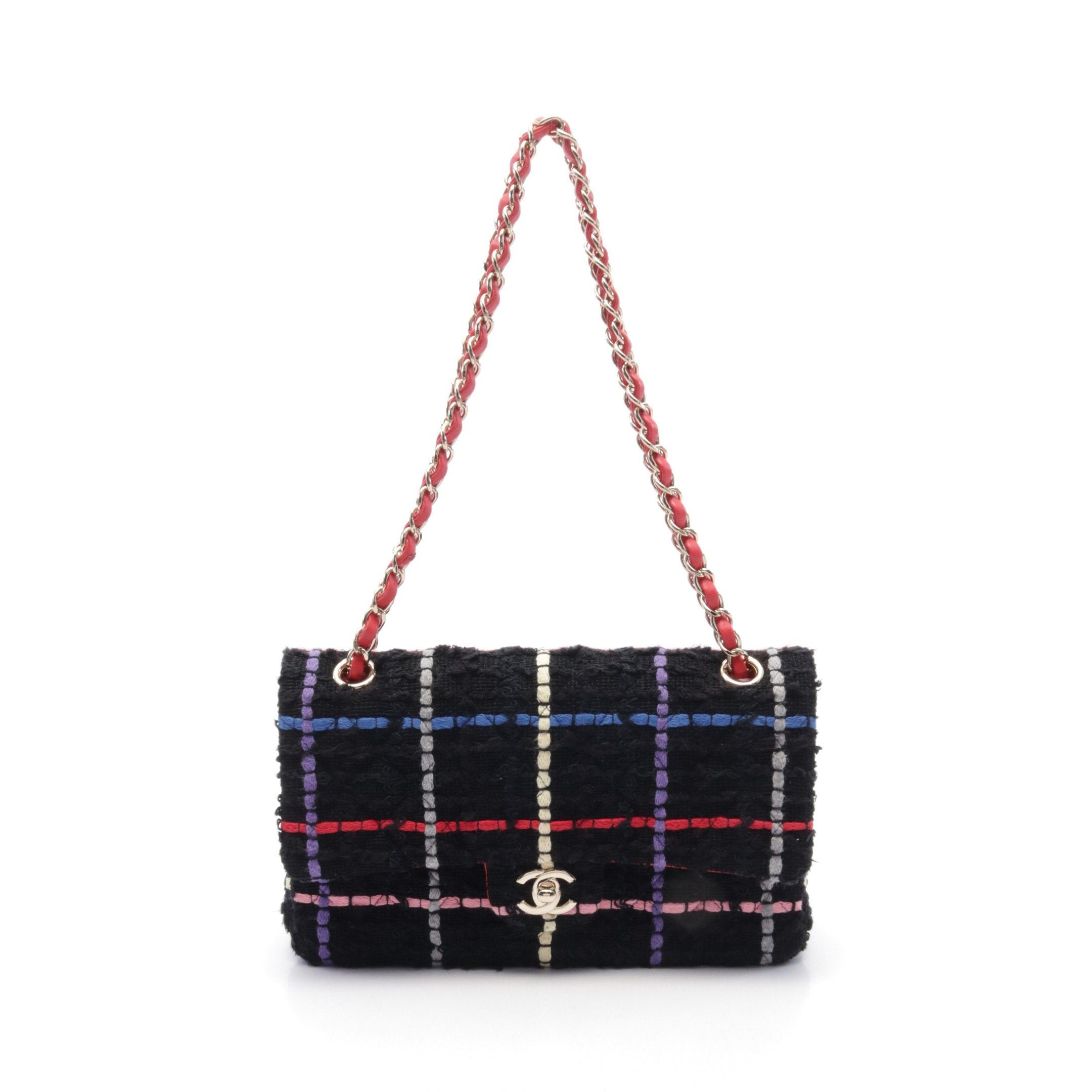 Chanel Matelasse Double Flap Chain Shoulder Bag Tweed Black Multicolor Gold Hardware