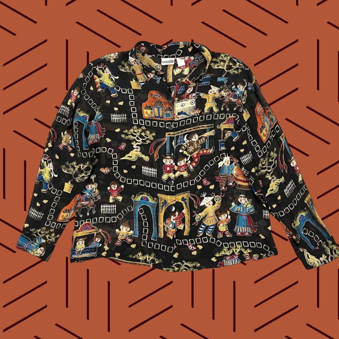 Vintage VINTAGE Chico's Shirt Womens 3 XL Black Silk Button-Up Geometric Art Asian Traditional Novelty Womens Size XS / US 0-2 / IT 36-38 - 1 Thumbnail