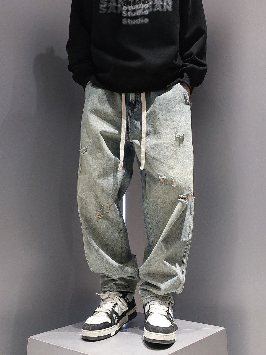 Japanese Brand Men's Japanese drawstring solid color ripped washed jeans Size US 32 / EU 48 - 1 Thumbnail