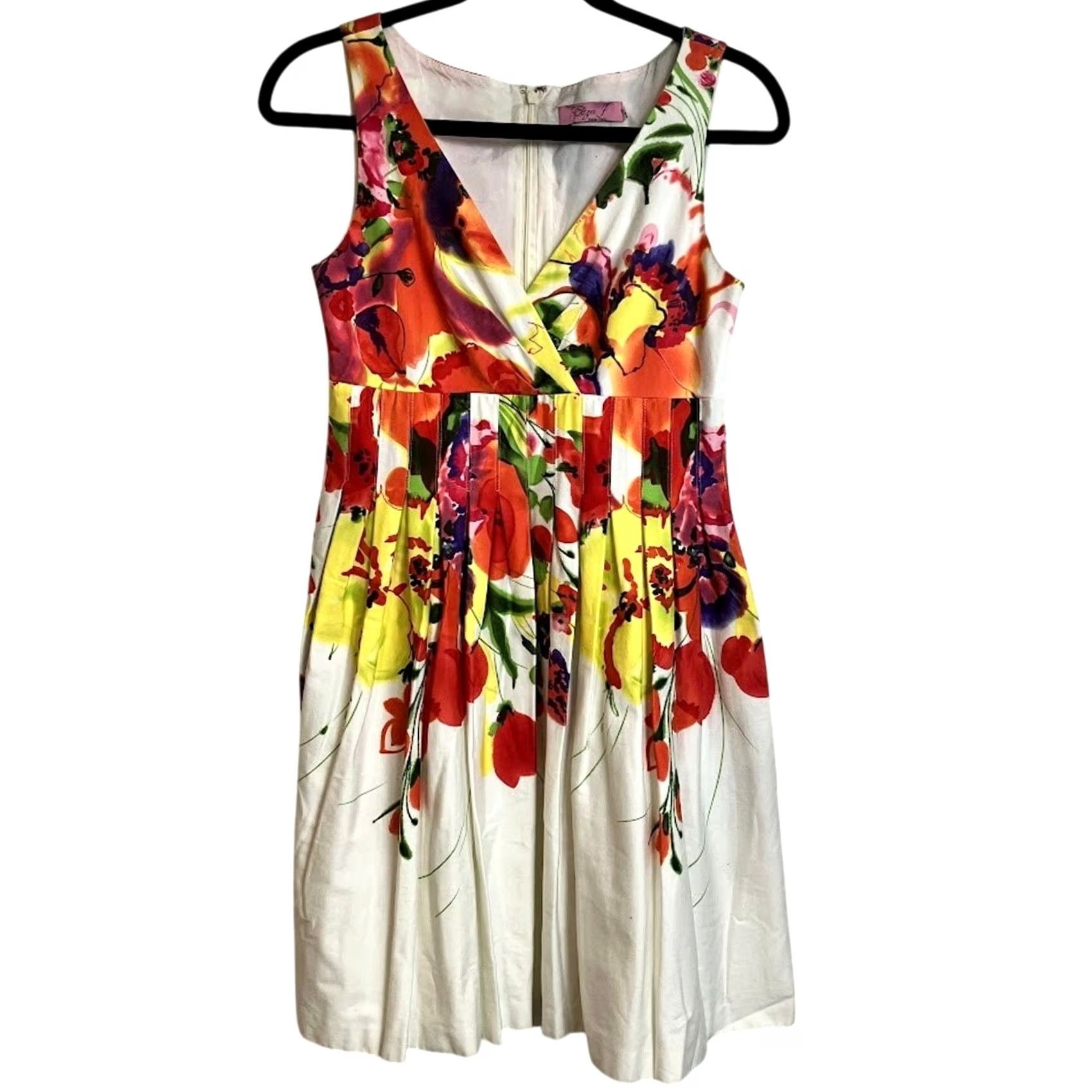 Vintage Eliza J White Floral Fit & Flare Dress Sleeveless V-Neck Size 4 Women's Knee Length Womens Size S / US 4 / IT 40 - 2 Thumbnail