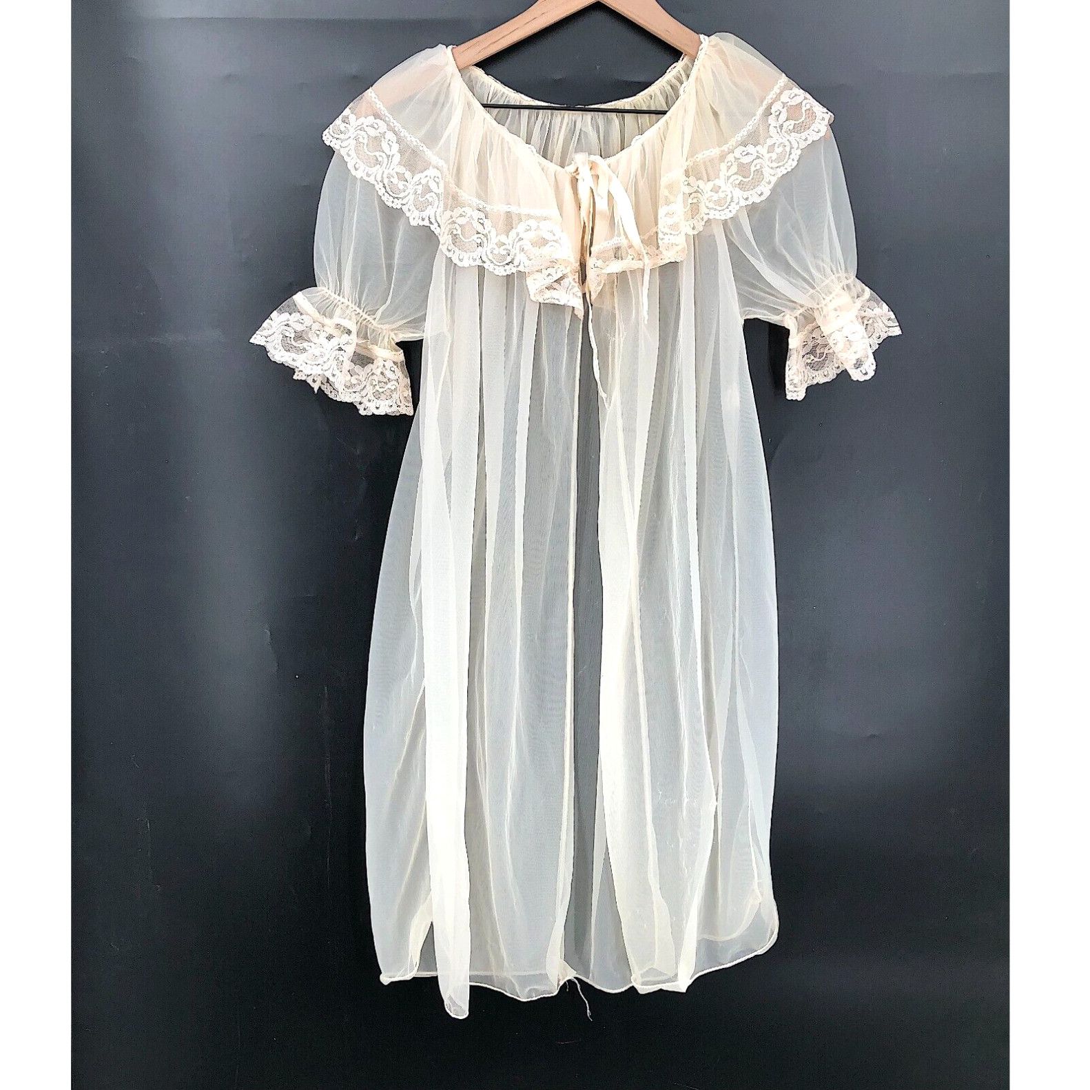 image of Vintage Isis Diaphanous Nylon Lace Trim Pinup Coquette Peignoir Robe Beige L in White, Women's