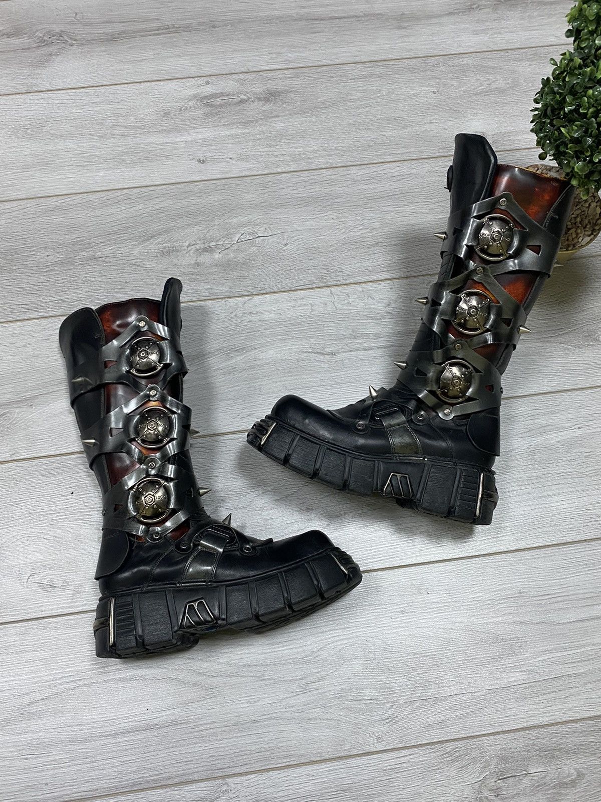 New Rock × Vintage New Rock spikes flame vintage high leather boots ...