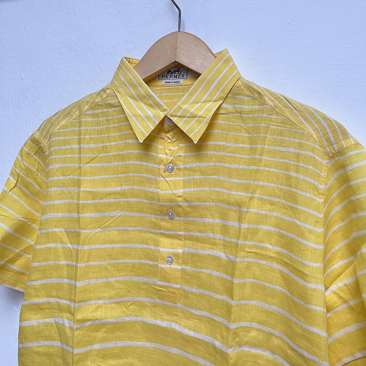 Hermes Vintage Hermes Paris Half Button Ups Linen Shirt Yellow Size US L / EU 52-54 / 3 - 7 Thumbnail