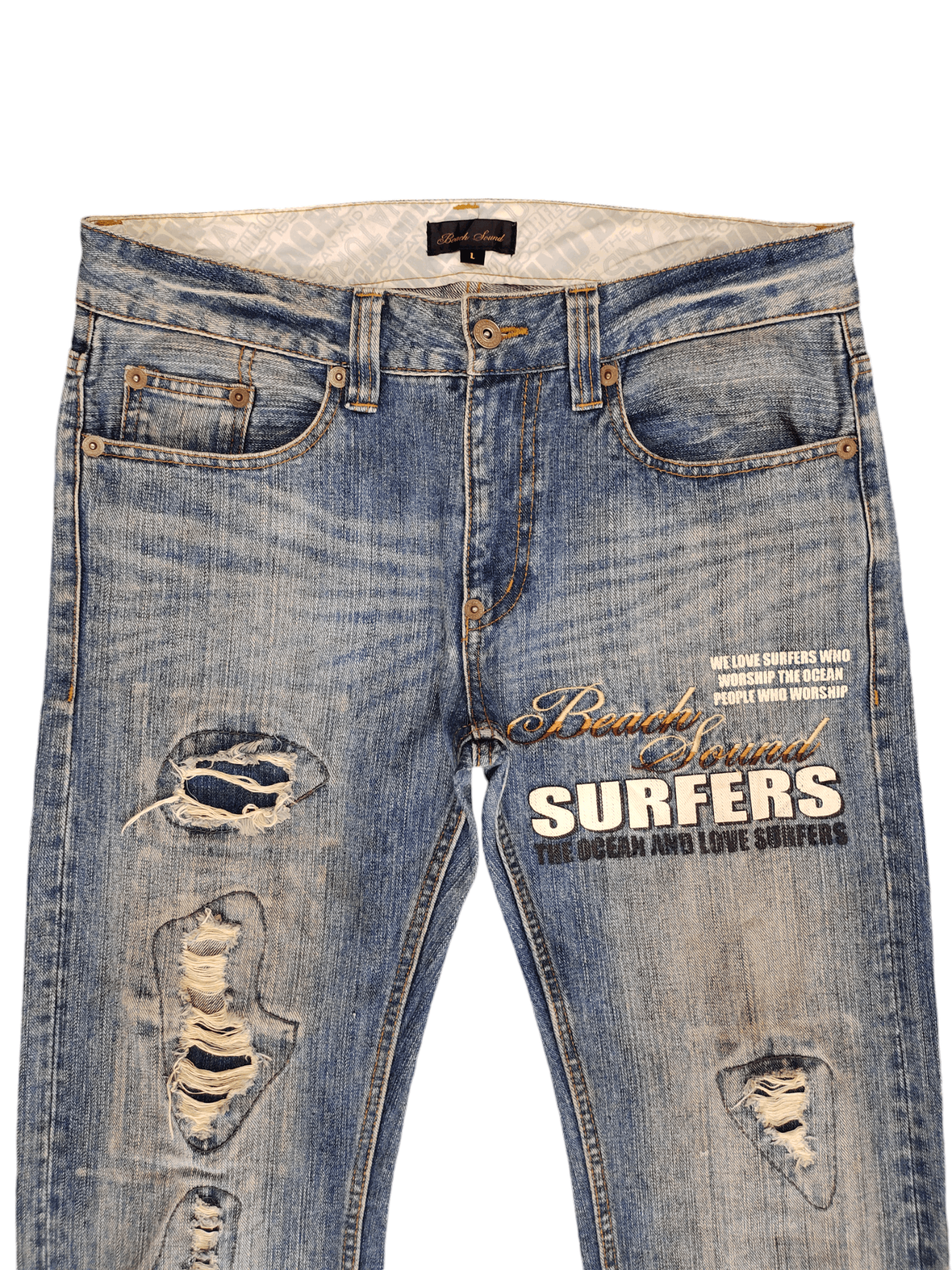 Hysteric Glamour × Undercover Japanese Beach Sound Embroidered Distress Jeans Undercover Size US 32 / EU 48 - 2 Thumbnail