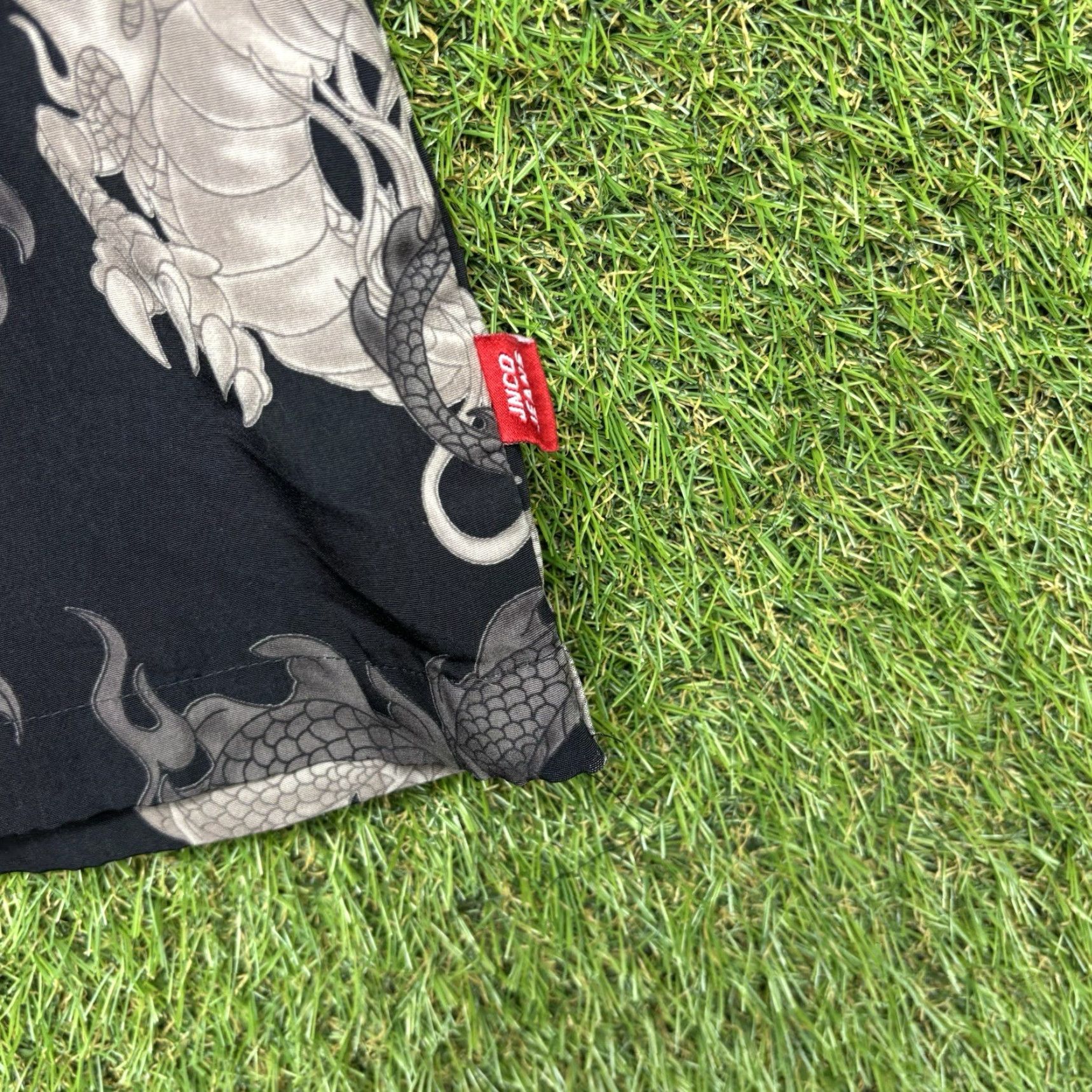 VINTAGE JNCO Shirt Mens XL Tribal Dragon Print Button Up Lightweight AOP black 90s Mens XL Shirt