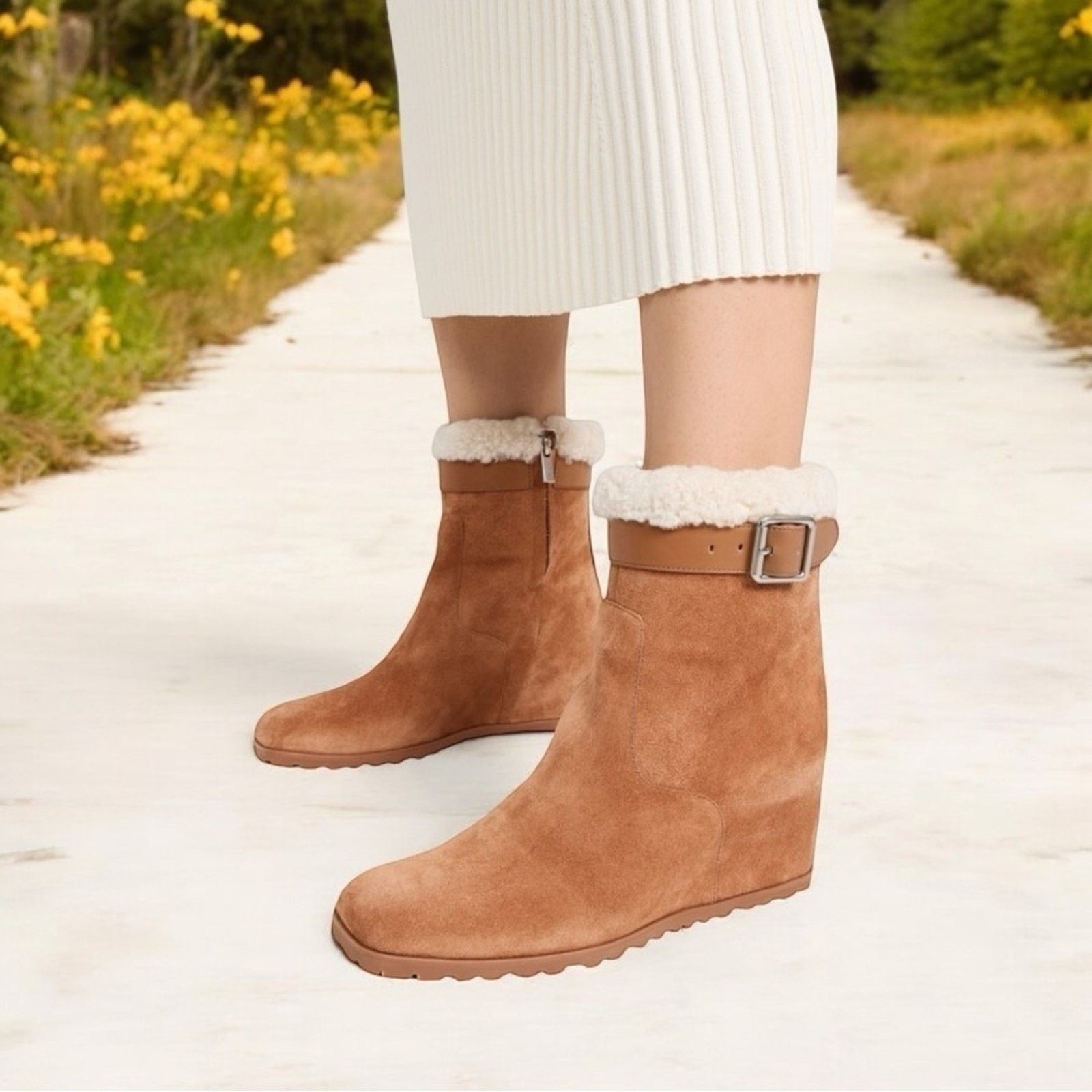 Jonathan Simkhai Jonathan Simkhai Toffee Suede Avery Shearling Wedges Size 7 Size US 7 / IT 37 - 3 Thumbnail