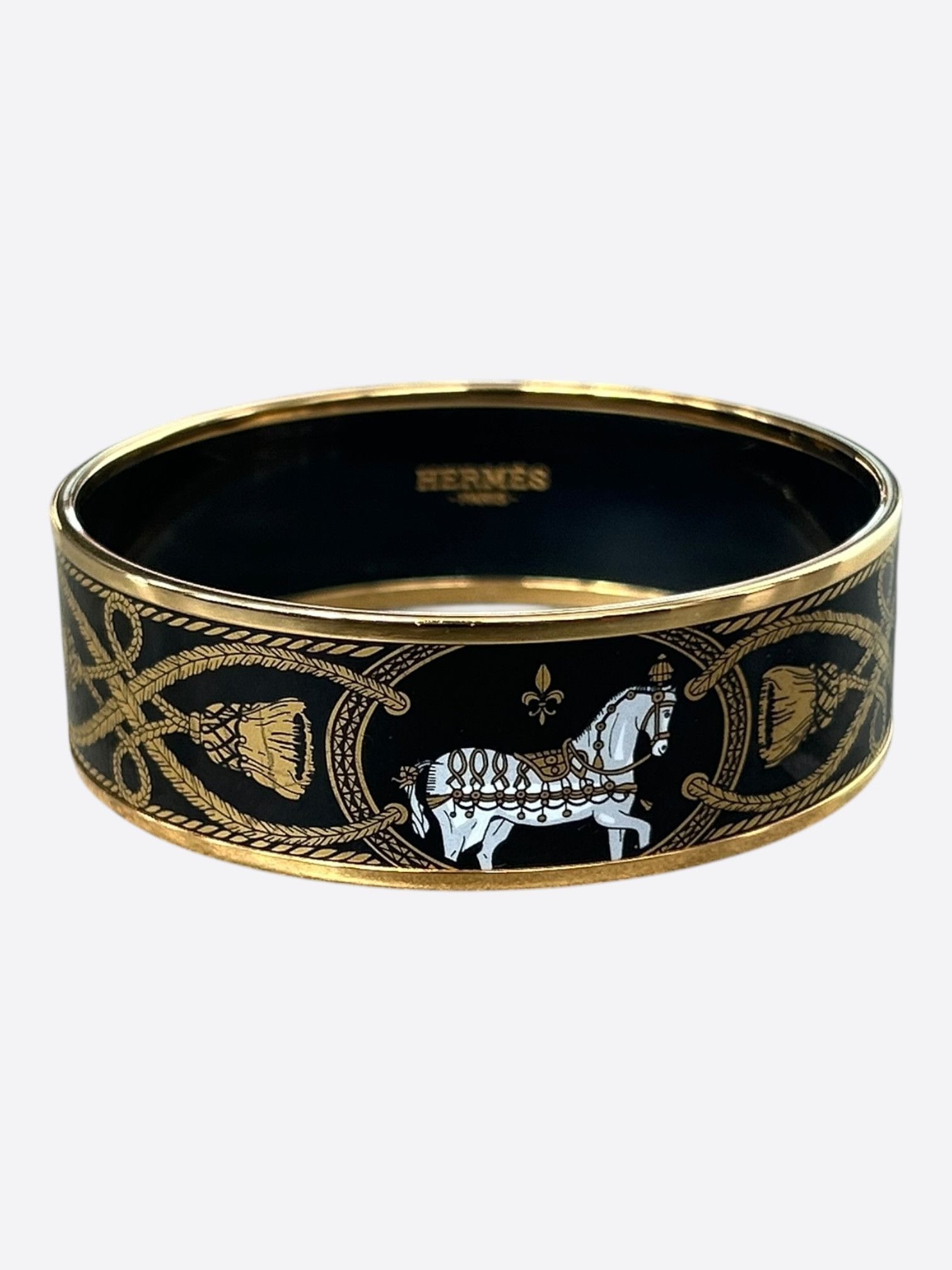Hermes Hermes Gold & Black Enamel Horse Motif Bangle Size ONE SIZE - 1 Thumbnail