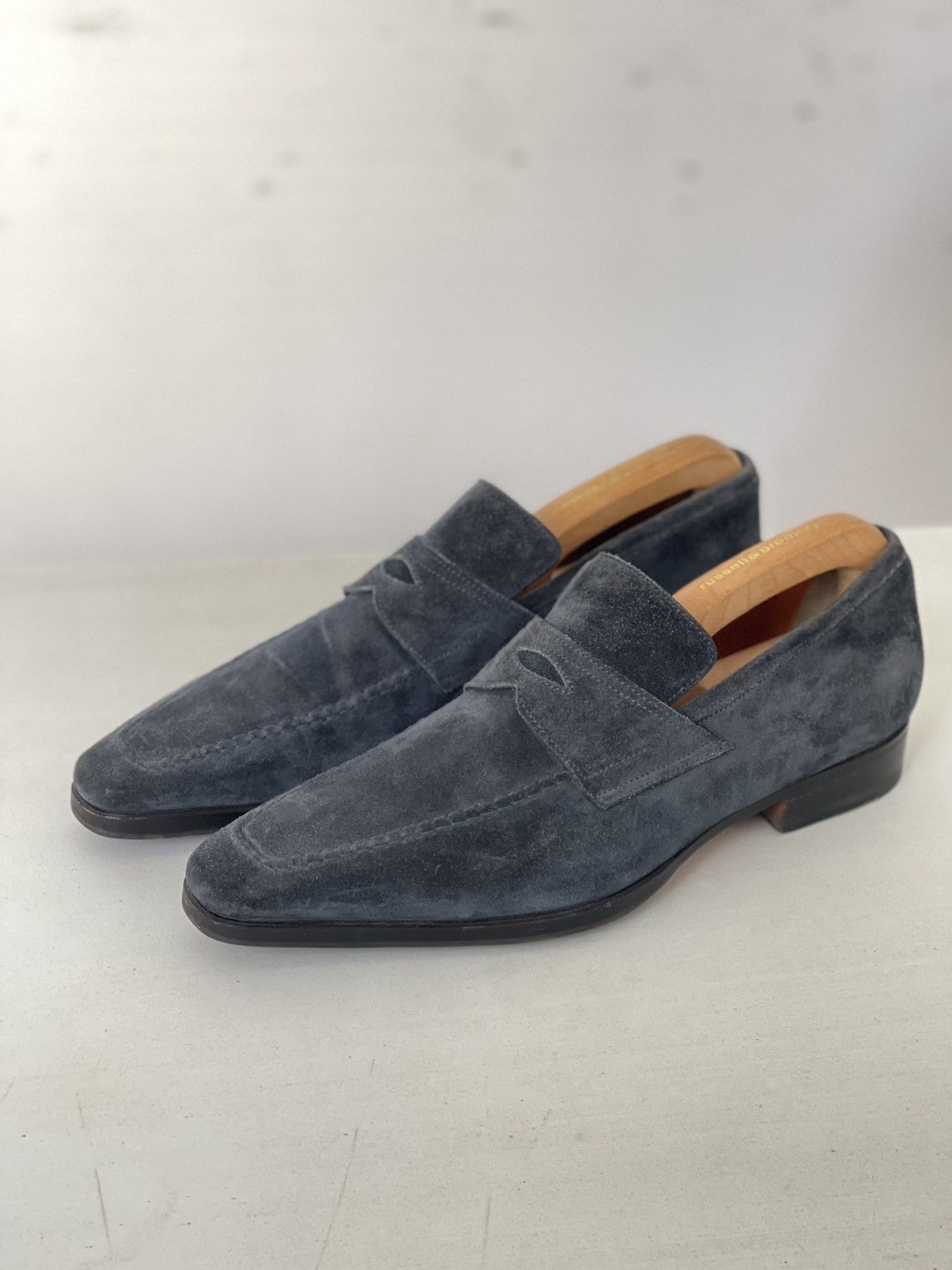 image of Santoni Leather Navy Loafers Penny Solid Suede, Men's (Size 7.5)
