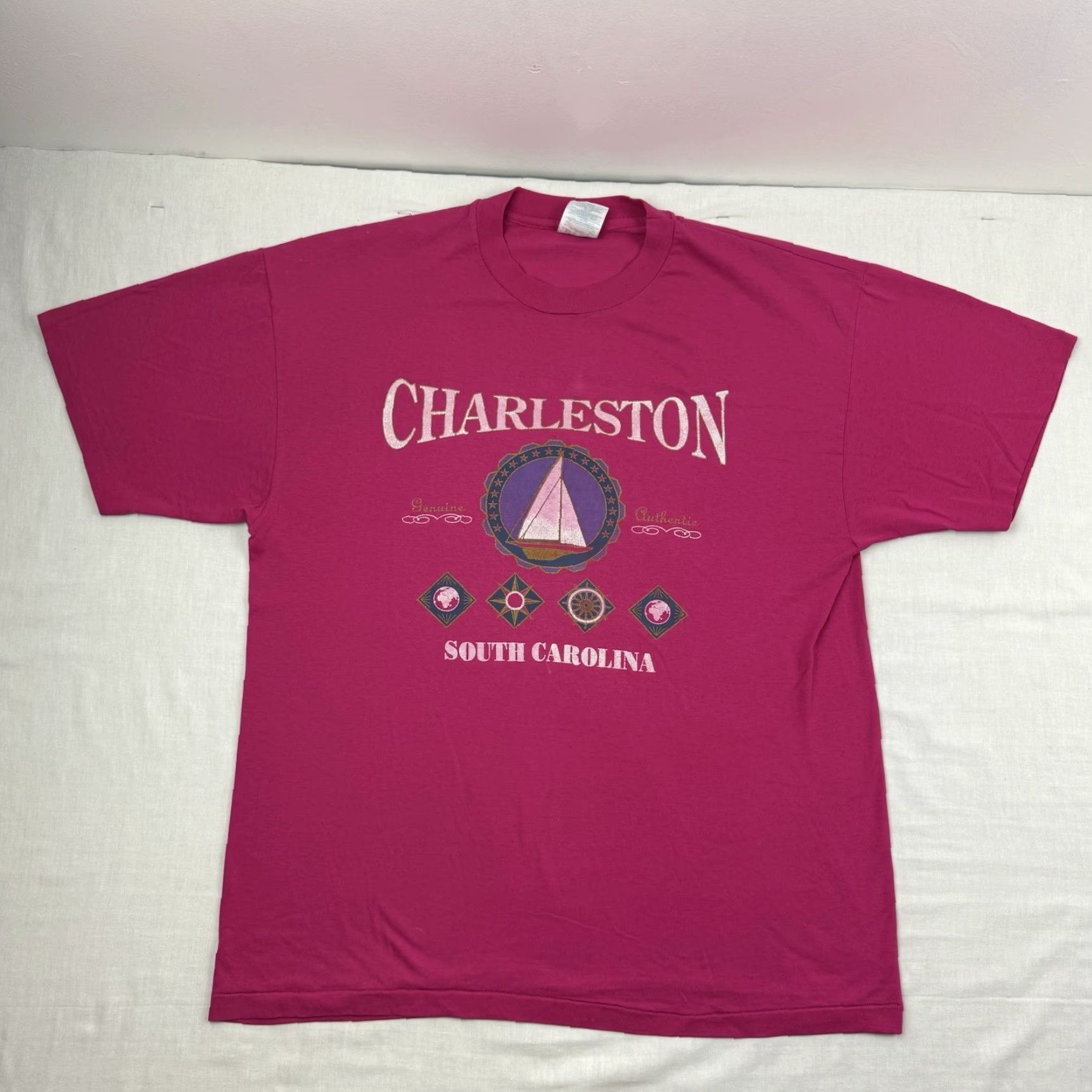 Hanes VINTAGE Hanes T-Shirt Charleston South Carolina Nautical 90s Pink XL Mens Short Sleeve Crew Neck Shirt Adult XL Pink Nautical 90s Charleston USA Men Size US XL / EU 56 / 4 - 2 Thumbnail