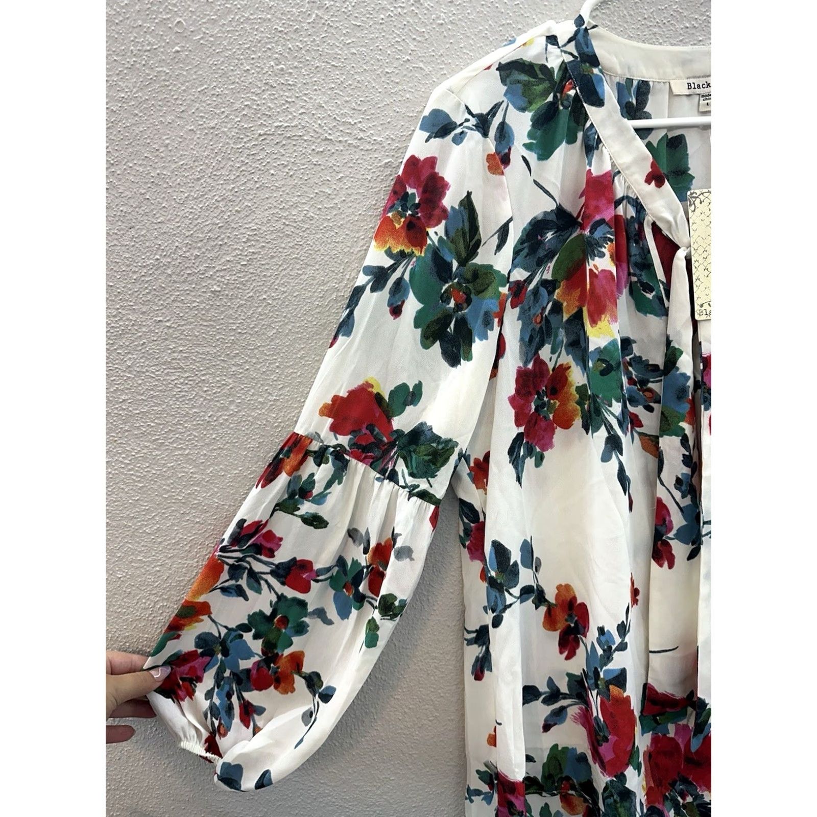 Vintage Black Rainn Blouse Shirt Womens Size L Long Sleeve White Sheer Floral NWTs Size L / US 10 / IT 46 - 2 Thumbnail