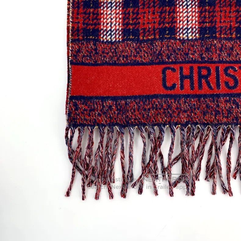 Dior Dior Red plaid letter inlaid wool tassel scarf Size ONE SIZE - 4 Thumbnail