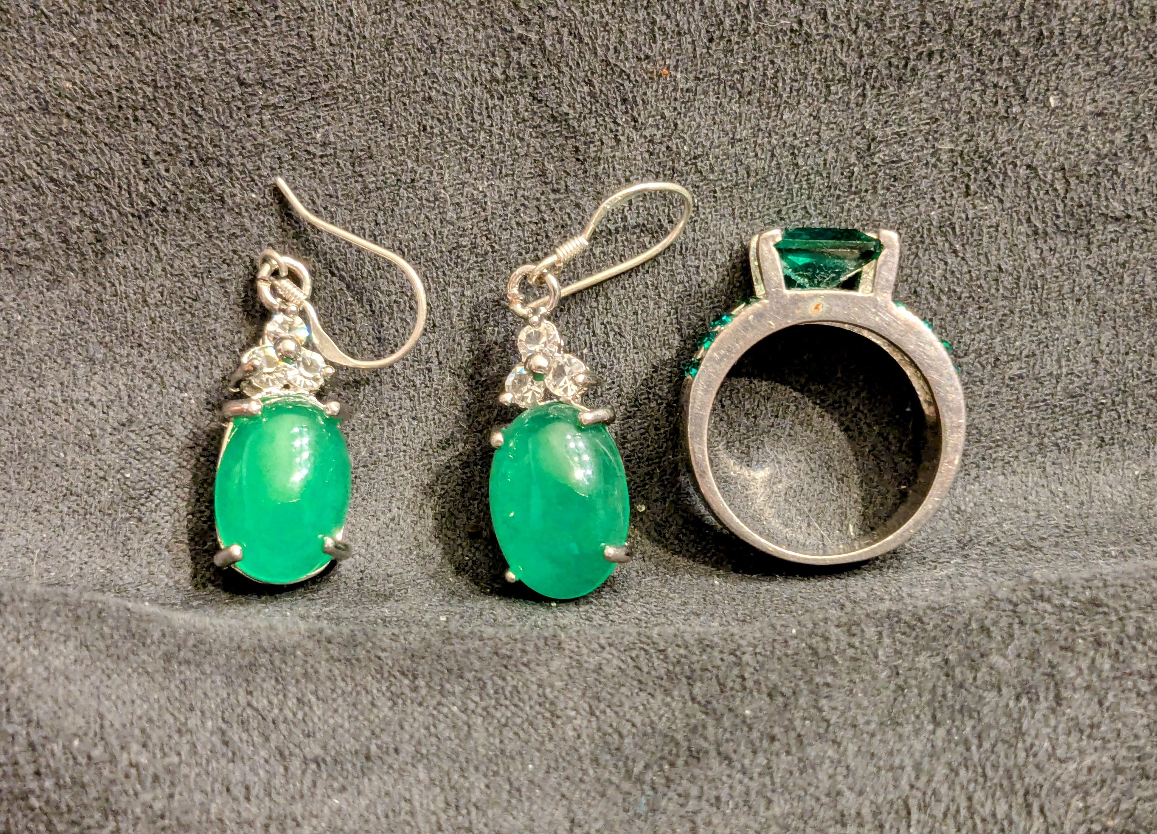 Designer Green Sapphire w/Rhinestones Ring+2 Jade Earring Jewelry Set Size ONE SIZE - 3 Thumbnail