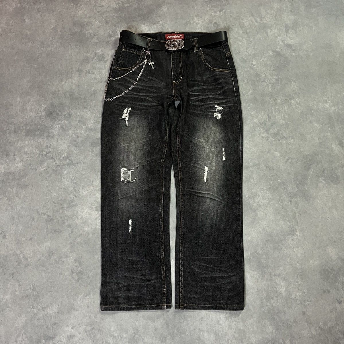 Japanese Brand Nylaus Japanese Motorcycle Dark Wash Distressed Biker Denim Size US 33 - 2 Thumbnail