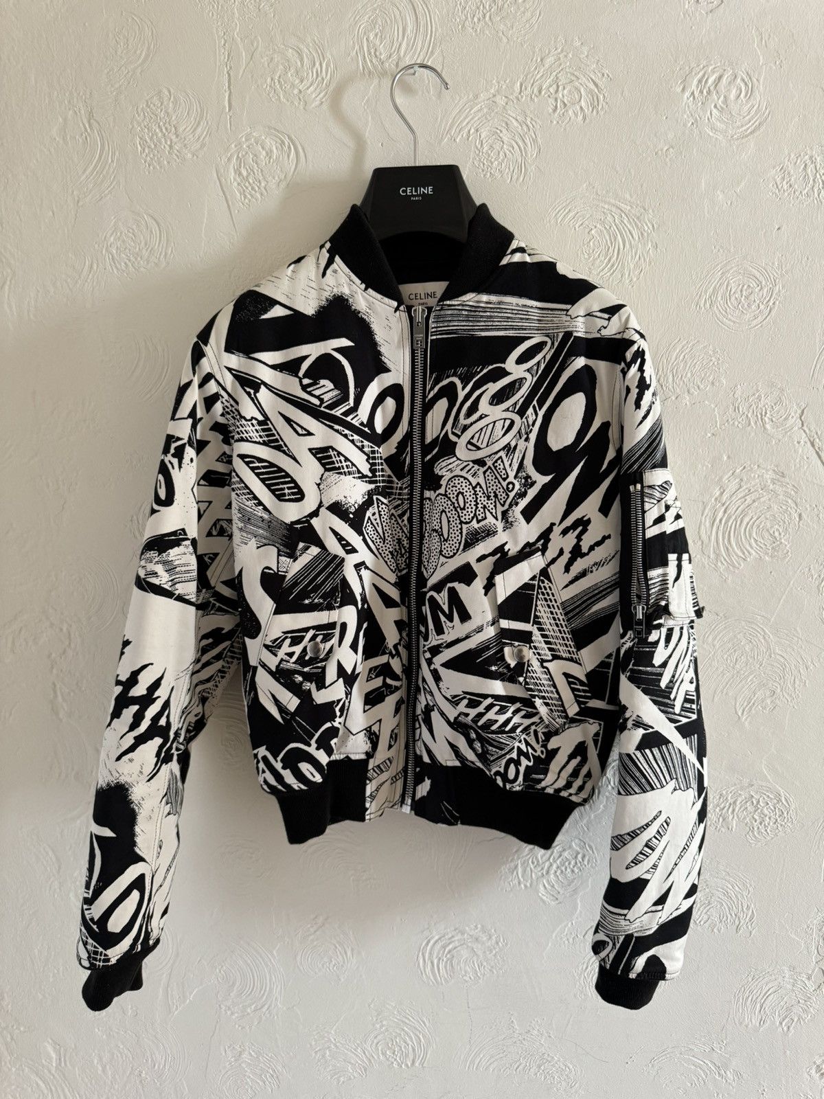 image of Celine Ss19 Marclay Cotton Twill Bomber Jacket Xs in Black White, Men's (Size Small)