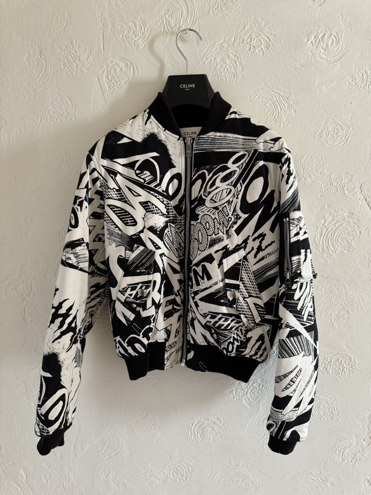 image of Celine Ss19 Marclay Cotton Twill Bomber Jacket Xs in Black White, Men's (Size Small)