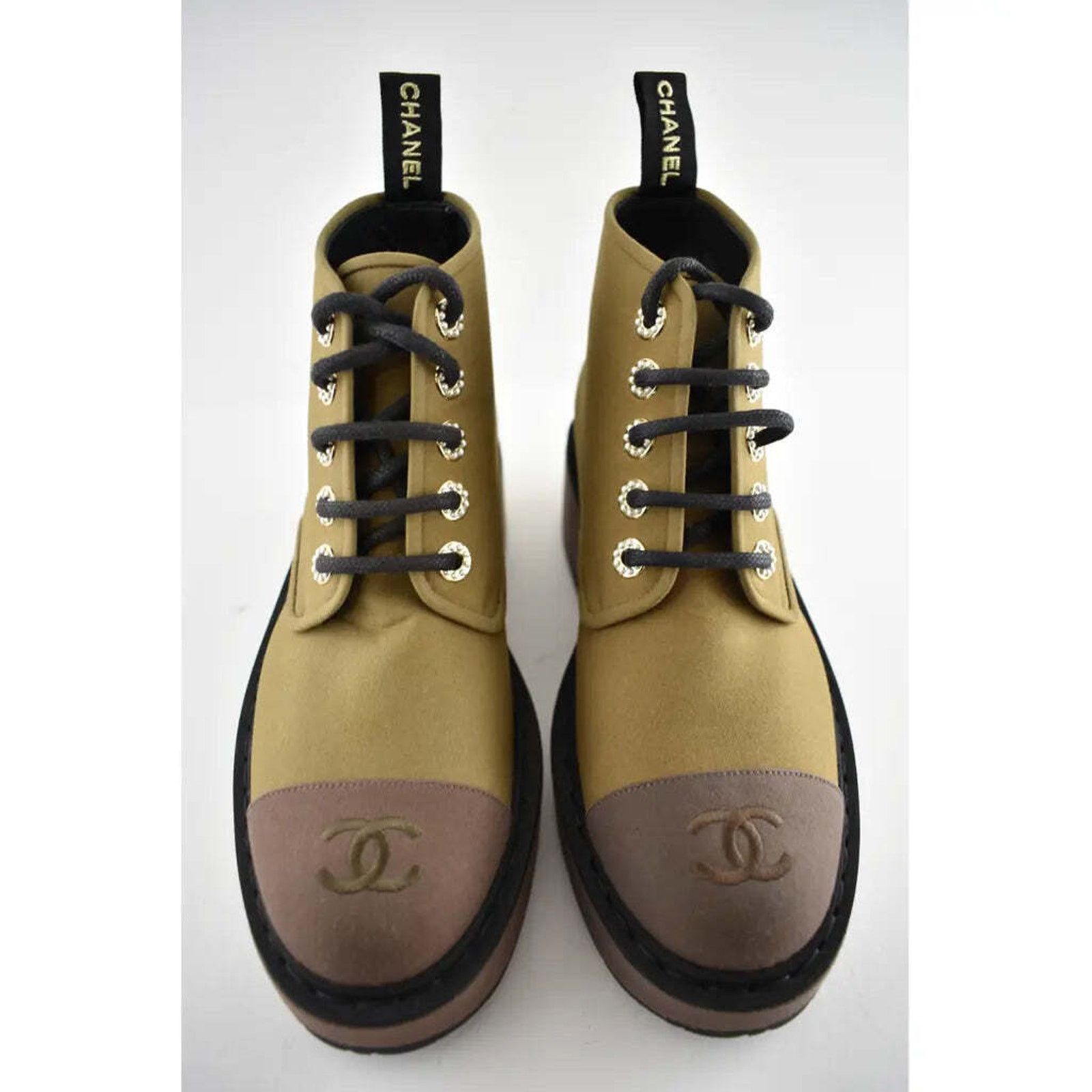 Chanel Chanel 20C Light Dark Brown Pearl CC Combat Lace Up Tie Size US 8.5 / IT 38.5 - 7 Thumbnail