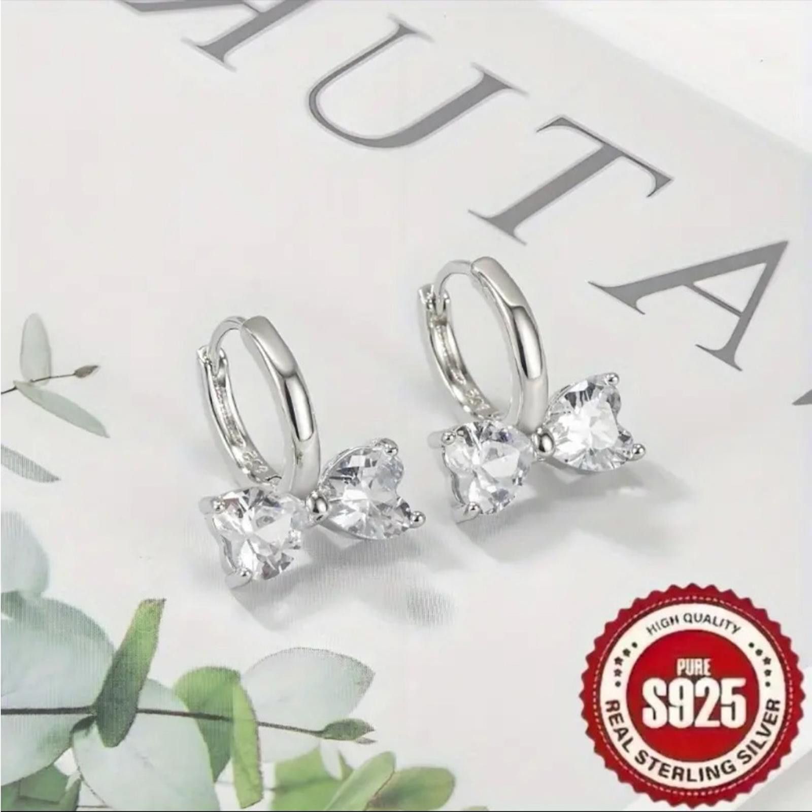 Designer S925 Silver Bow Earrings with Simulated Diamonds Size ONE SIZE - 2 Thumbnail