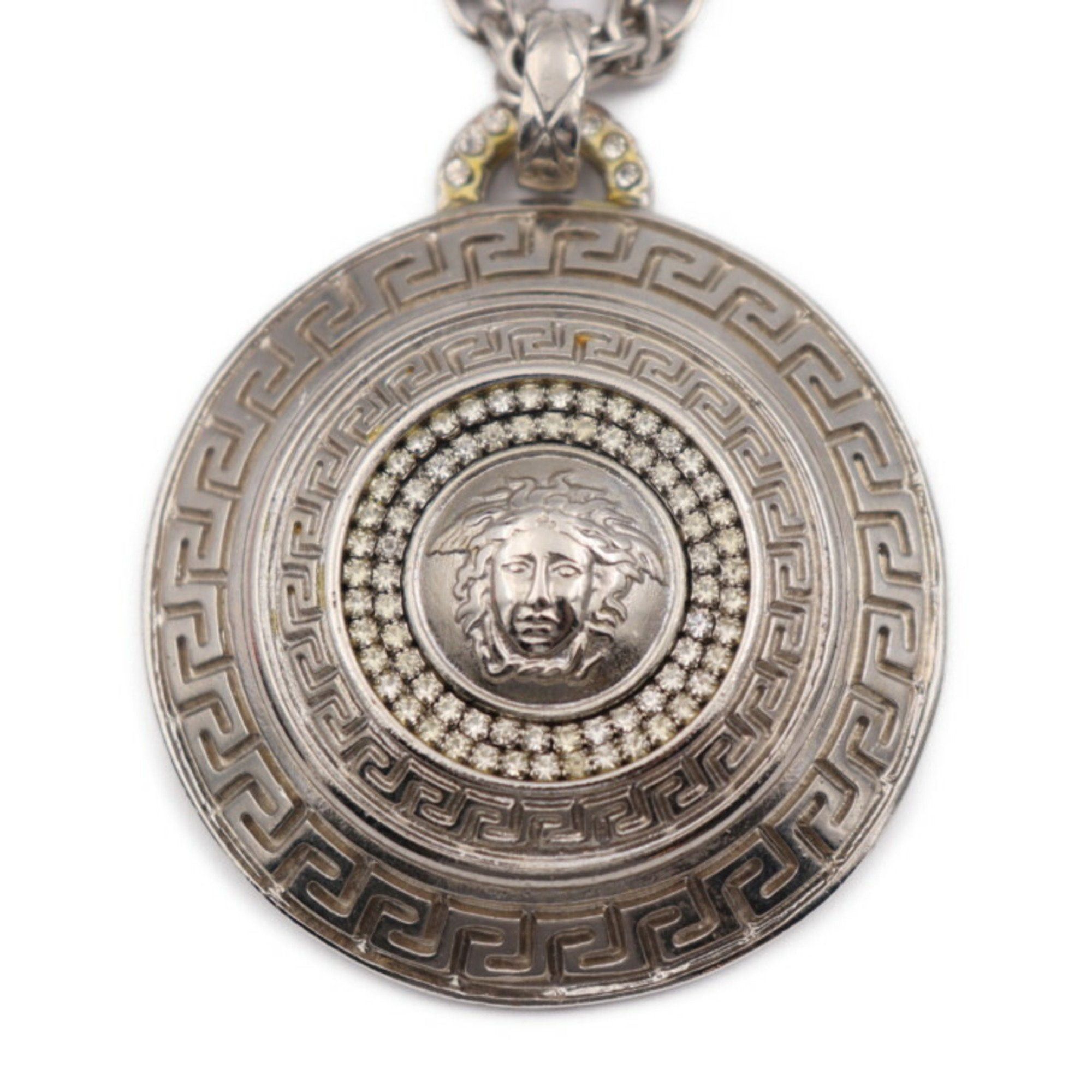 image of Versace Necklace Metal Rhinestone Silver Medusa Pendant in Black, Women's