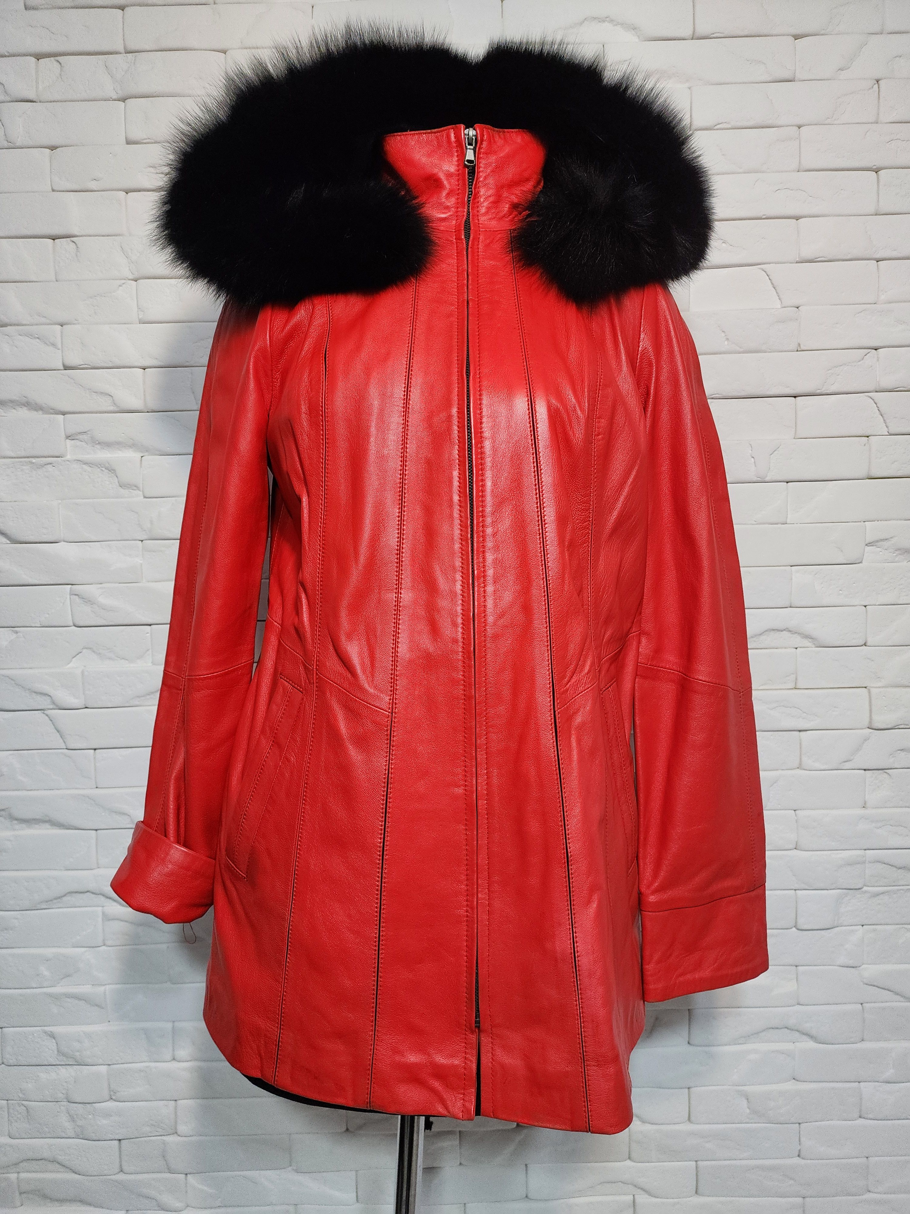 Genuine Leather Red Leather Jacket: Women's Leather Coat with Fur Hood Size M / US 6-8 / IT 42-44 - 4 Thumbnail