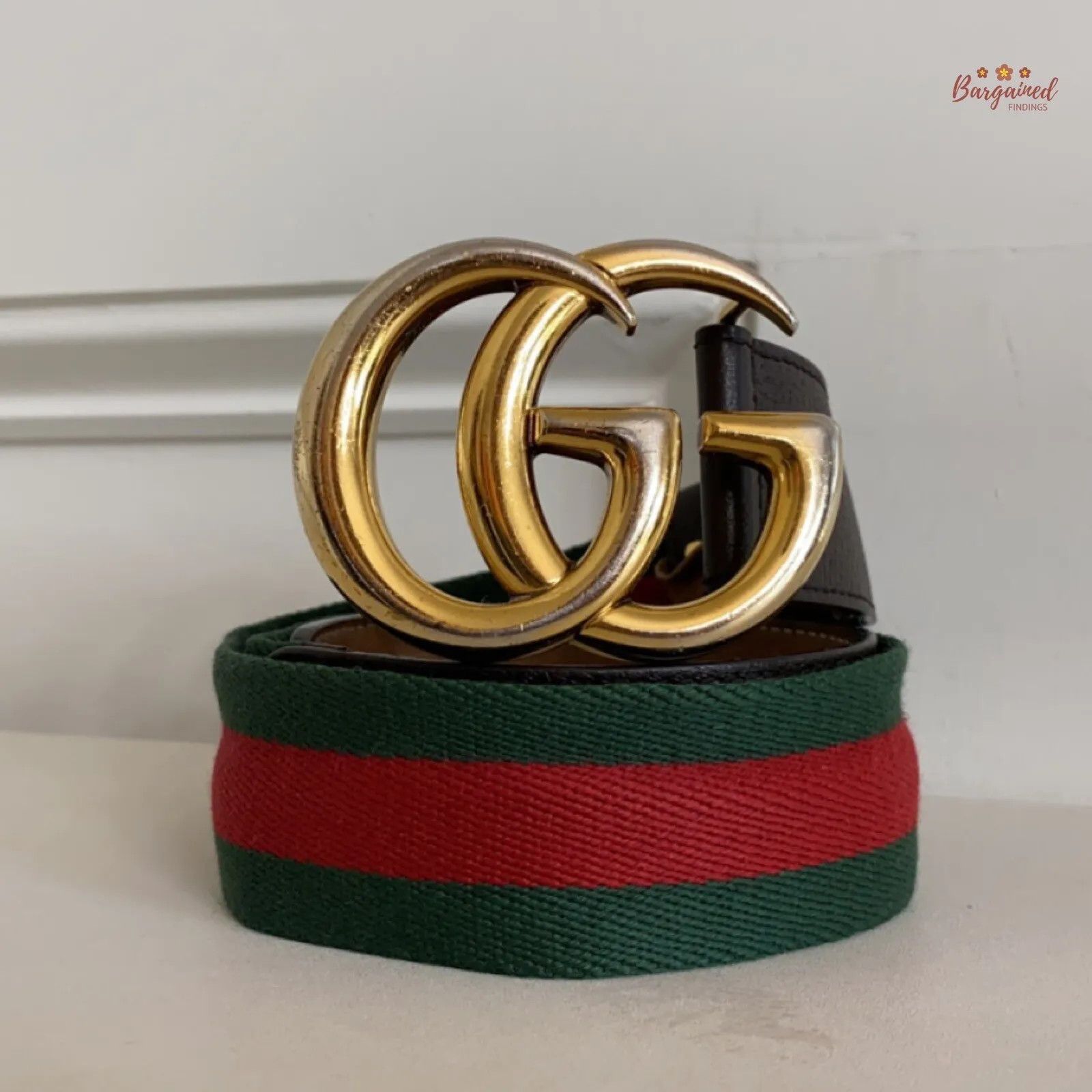 Gucci Gucci Web Canvas Brown Leather Gold Double G Buckle Belt Size 26 - 1 Thumbnail