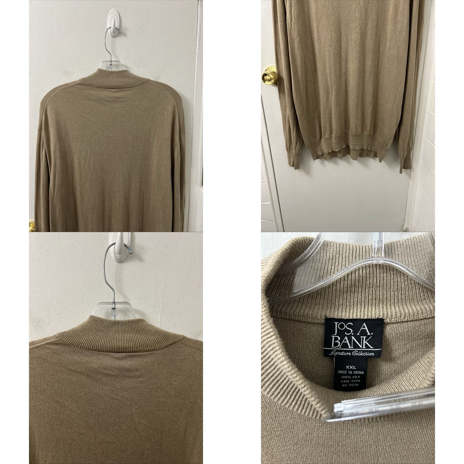 Jos. A. Bank Jos A Bank Signature Collection Sweater Mens 2XL Tan 100% Silk Mock Neck L/S Short Form: Pullover, Classic Fit Size US XXL / EU 58 / 5 - 8 Thumbnail