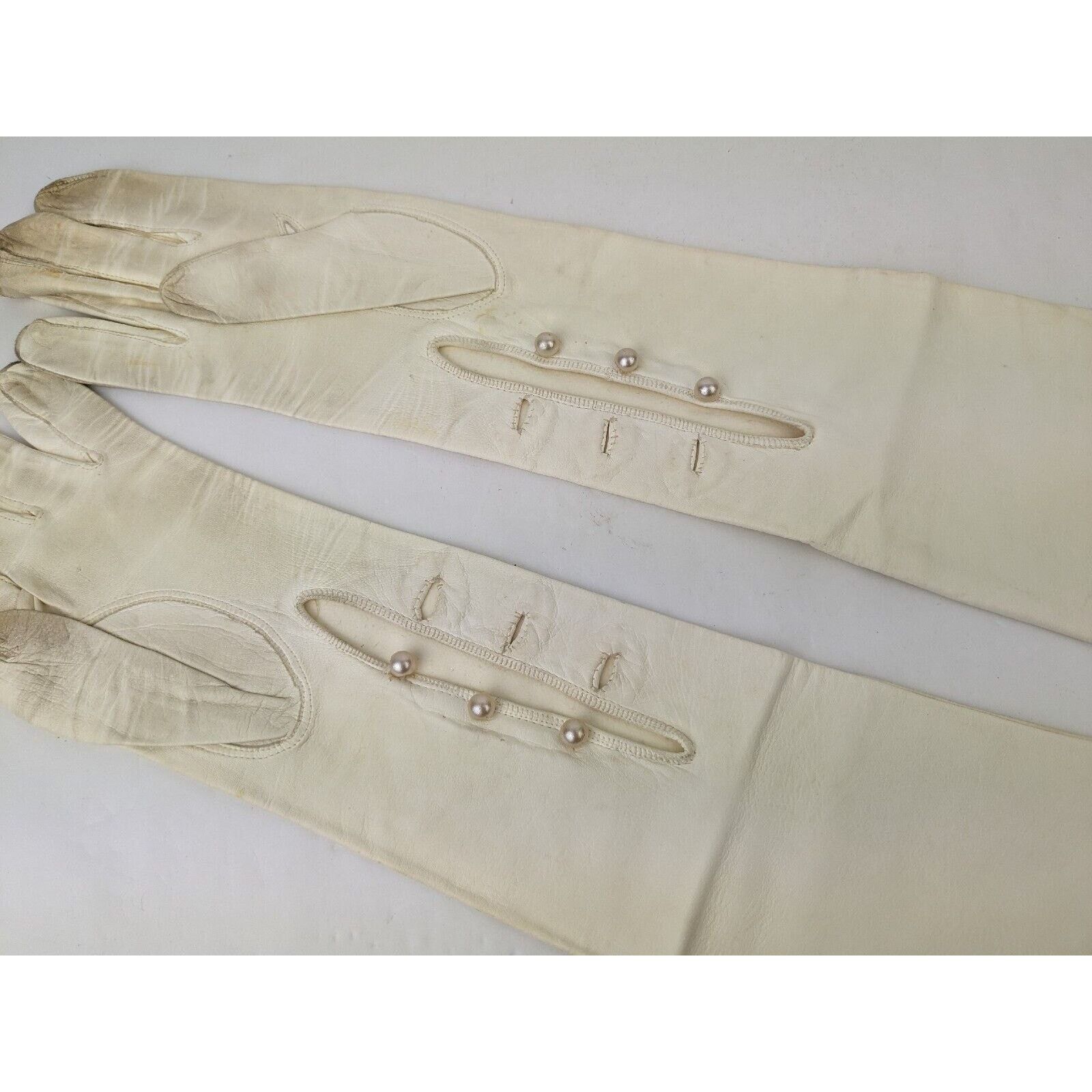 Other Vtg L Bamberger Kid Leather 21.5" Length Gloves Pearl ITALY Size ONE SIZE - 3 Thumbnail