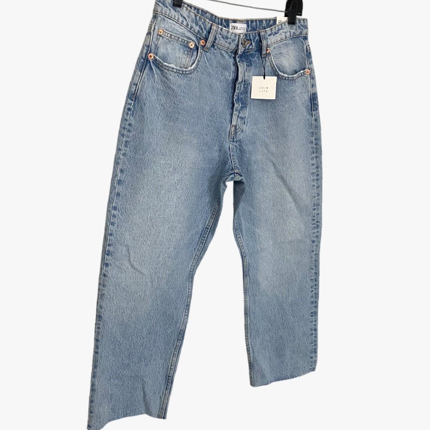 Zara ZARA High-Waisted Denim Jeans Blue Womens Size 12 Straight-Leg Raw-Hem New Size 34" / US 12 / IT 48 - 3 Thumbnail