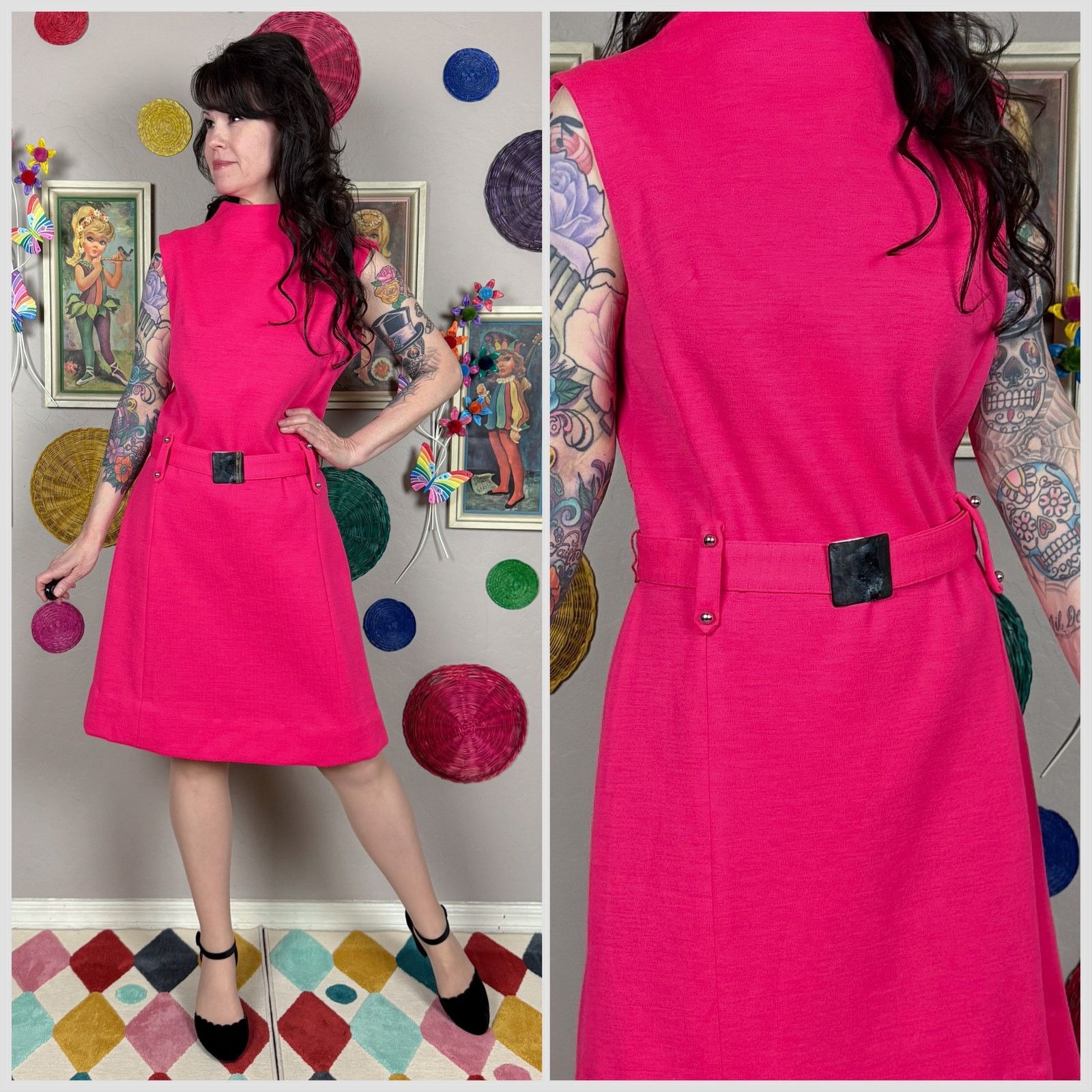 Vintage 1970s Hot Pink Sleeveless A-Line Belted Mod Knit Dress Size M / US 6-8 / IT 42-44 - 1 Thumbnail