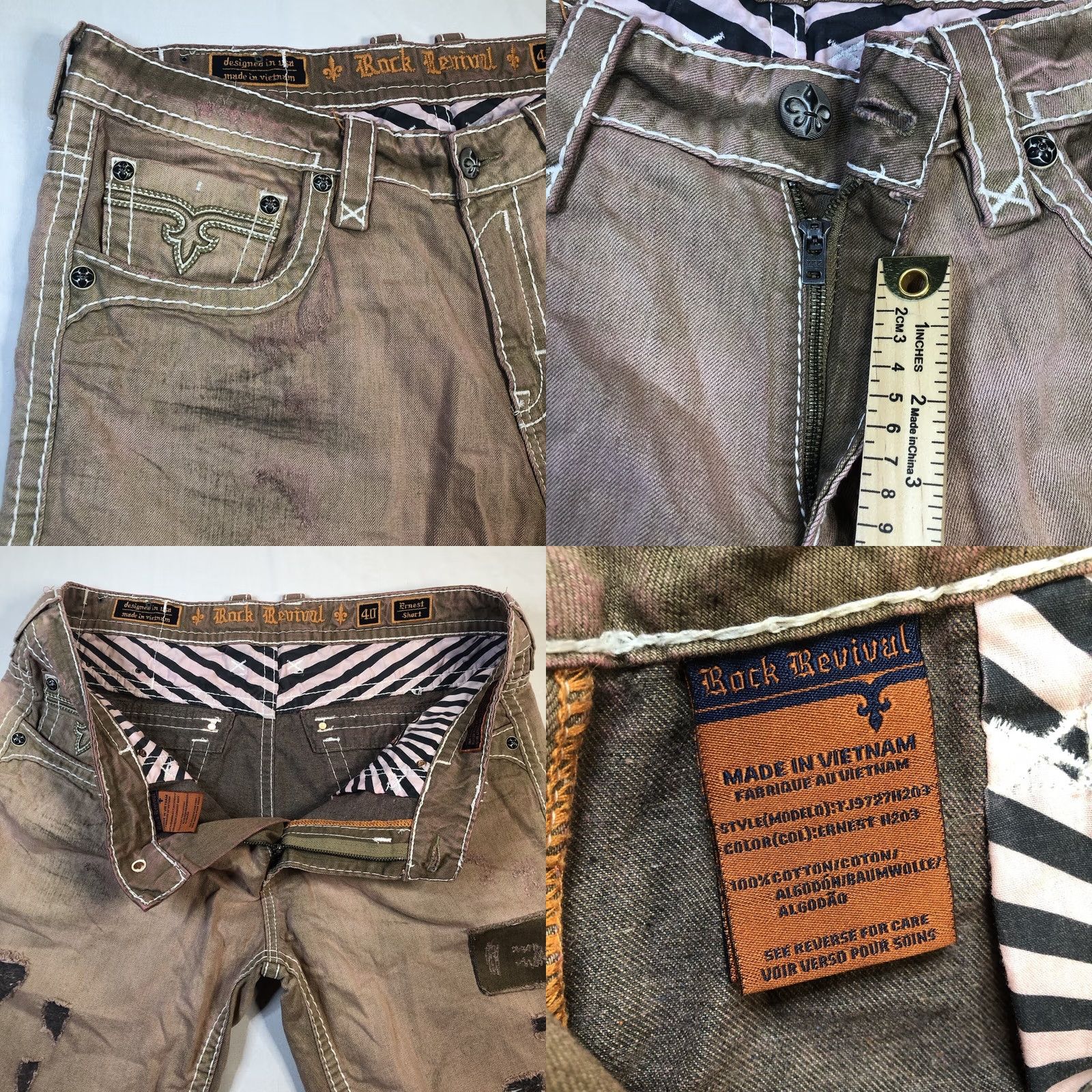 Vintage Rock Revival Ernest Mens 40 Pink Jean Shorts Studded Patchwork Distressed 13" Inseam Regular Fit Blood Line Rock Revival Ernest Men's Shorts Size US 40 / EU 56 - 8 Thumbnail