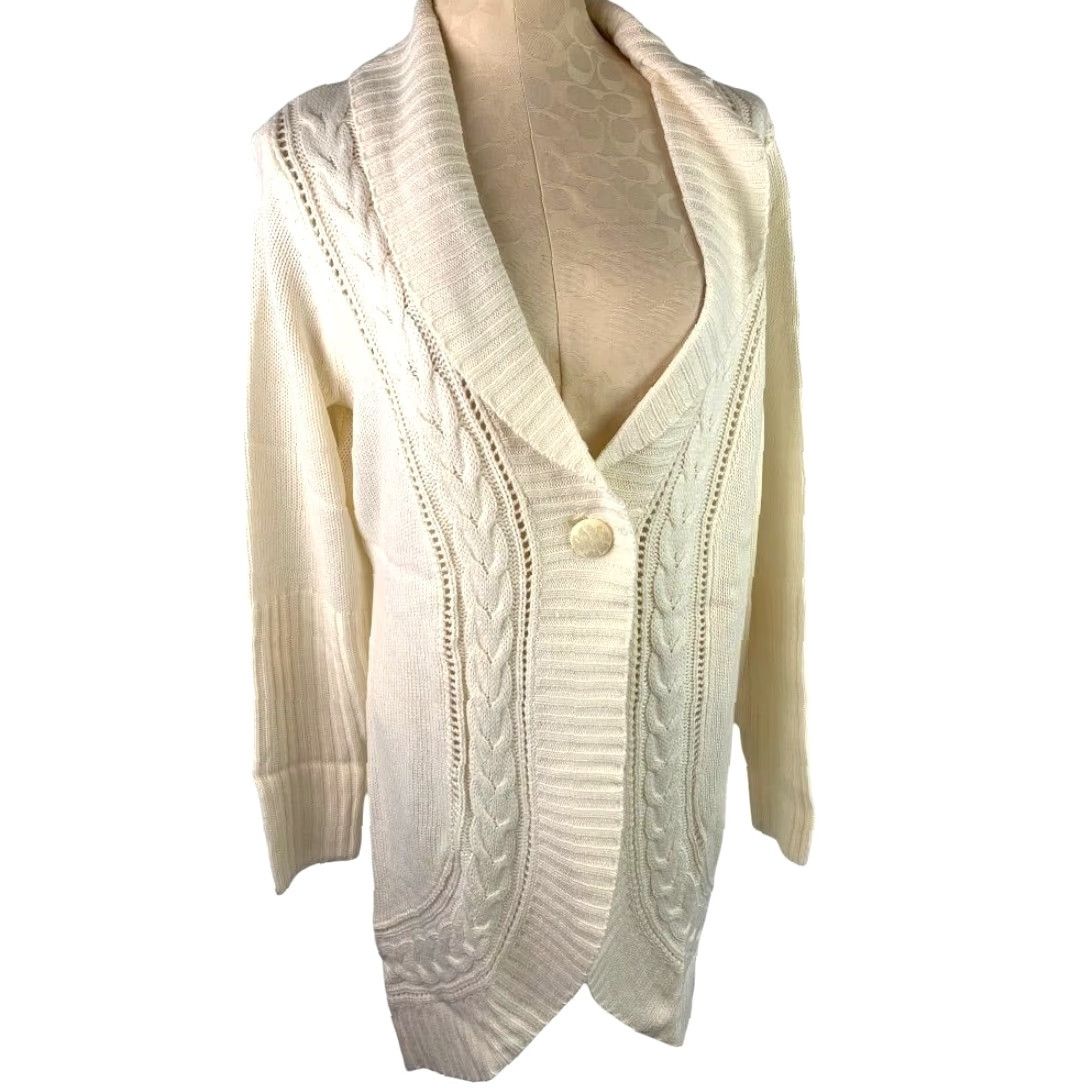 Vintage Motto Cardigan Sweater Women Medium Ivory Long Size M / US 6-8 / IT 42-44 - 2 Thumbnail