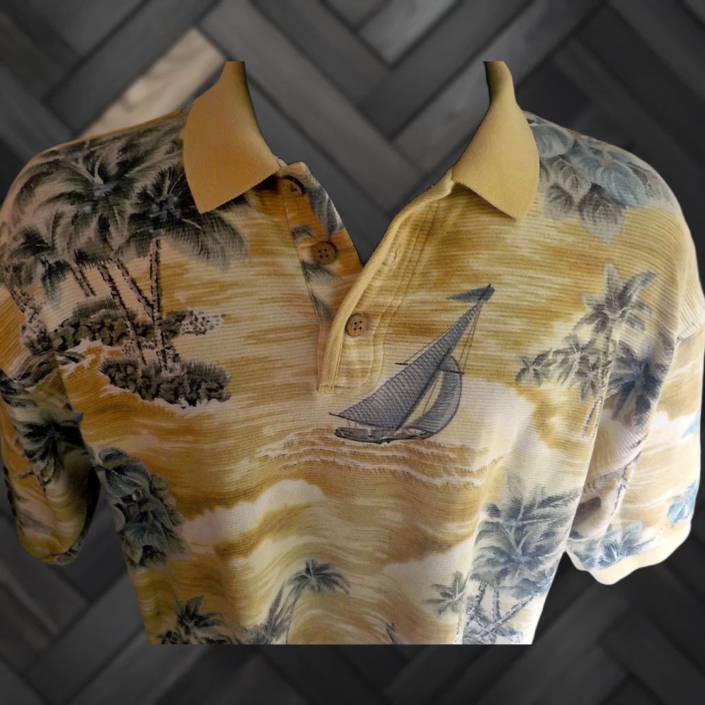 Tommy Bahama TOMMY BAHAMA Tropical Print Polo Shirt Cotton SS Gold/Gray/Blue Large Mens Shirt Size US L / EU 52-54 / 3 - 1 Thumbnail