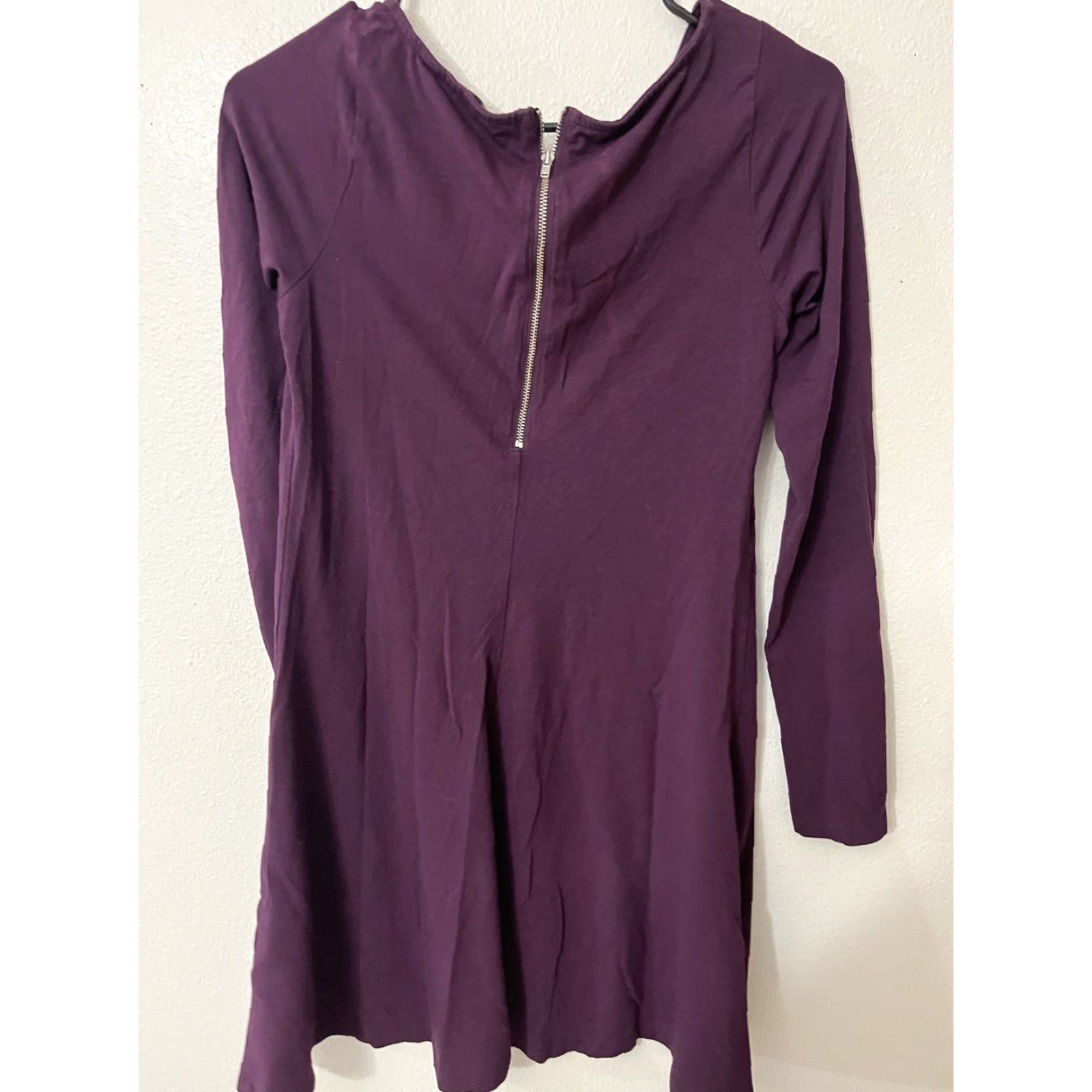 Express EXPRESS Dress Woman's S Long Sleeve Round Neck Zip Fit & Flare Burgundy Maroon Lightweight Knit Jersey Cotton Blend Knee Length Casual Business 90s? Size S / US 4 / IT 40 - 2 Thumbnail