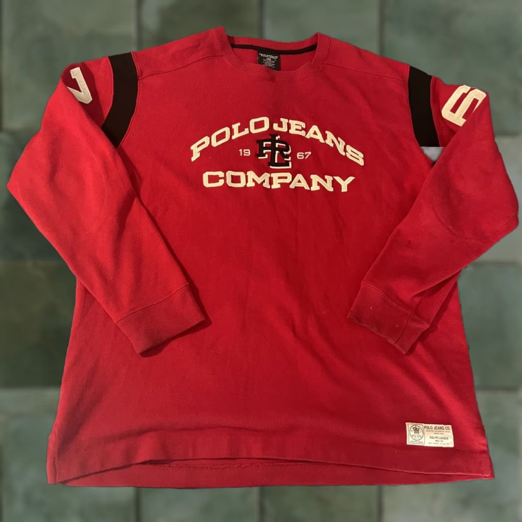 VINTAGE Polo Jeans Co Ralph Lauren 67 Long Sleeve Red Pullover Sweater XL Men Cotton Logo Crew Neck 90s