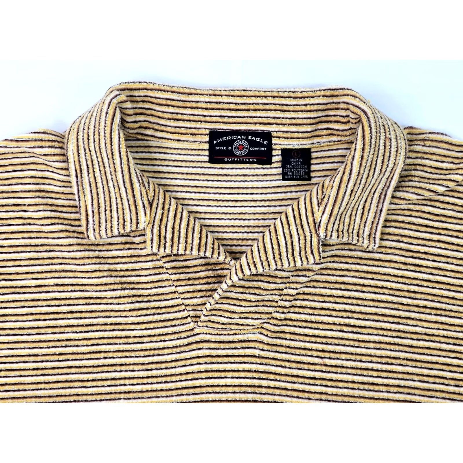 American Eagle Outfitters VINTAGE American Eagle Polo Shirt Men L Yellow Striped Chenille Terry Plush Earthy Old School Logo AE MENS Polo Size US L / EU 52-54 / 3 - 3 Thumbnail