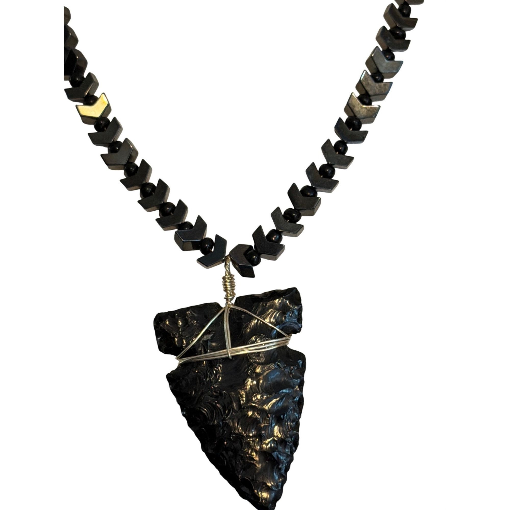 Other Vtg Obsidian Arrowhead Necklace Hematite Black Beads Chevron Size ONE SIZE - 1 Thumbnail