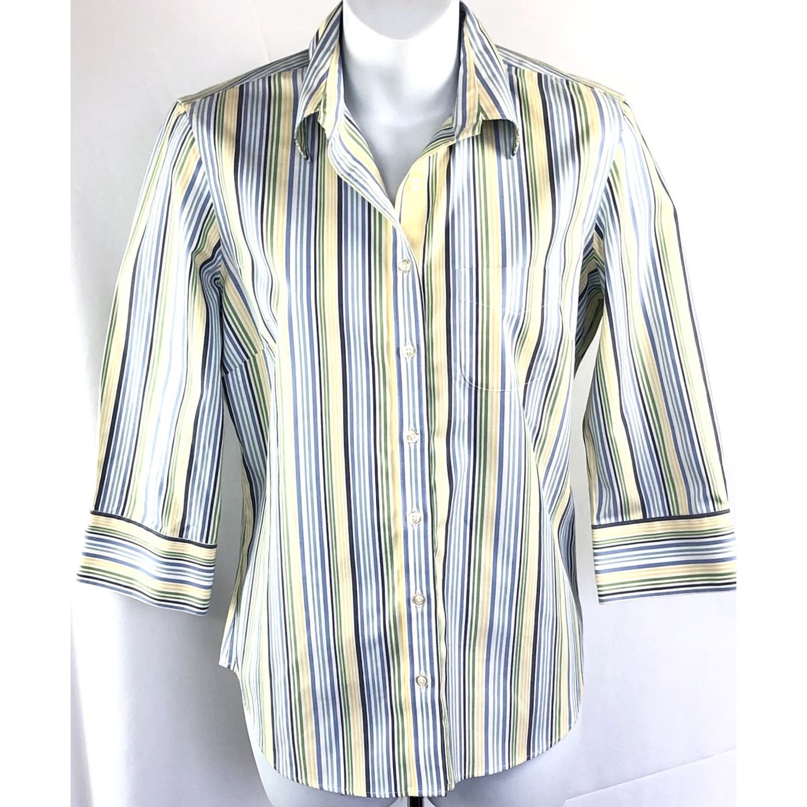Lands' End Lands' End Top 4 Blue/green Stripe ButtonUp Oxford 3/4Sleeve Preppy Career Office Blouse Womens Size S / US 4 / IT 40 - 5 Thumbnail