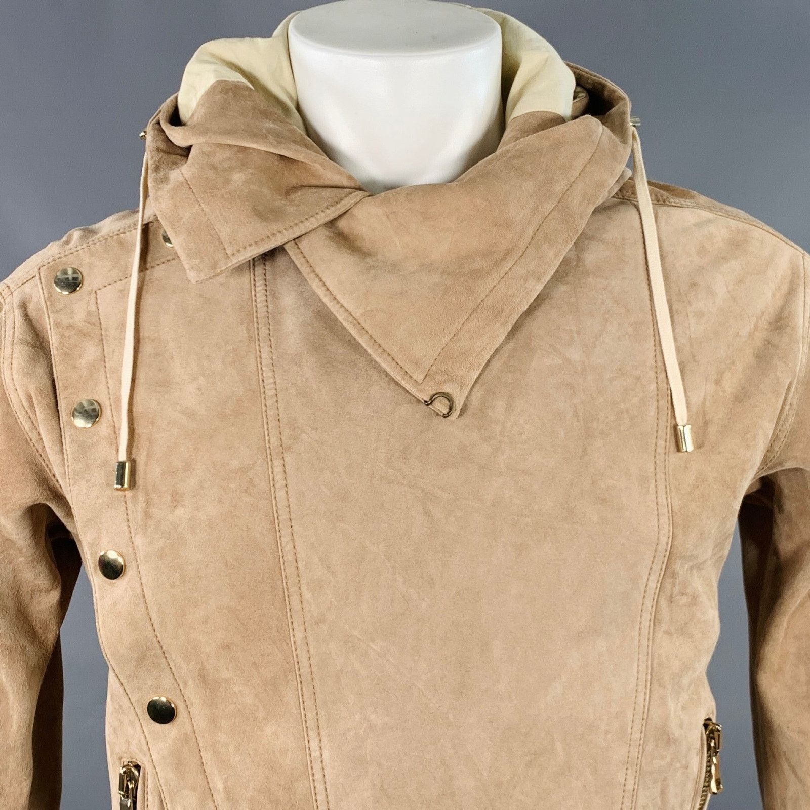 Balmain S Beige Calfskin Suede Hooded Asymmetrical Snaps Jacket Size US S / EU 44-46 / 1 - 3 Thumbnail