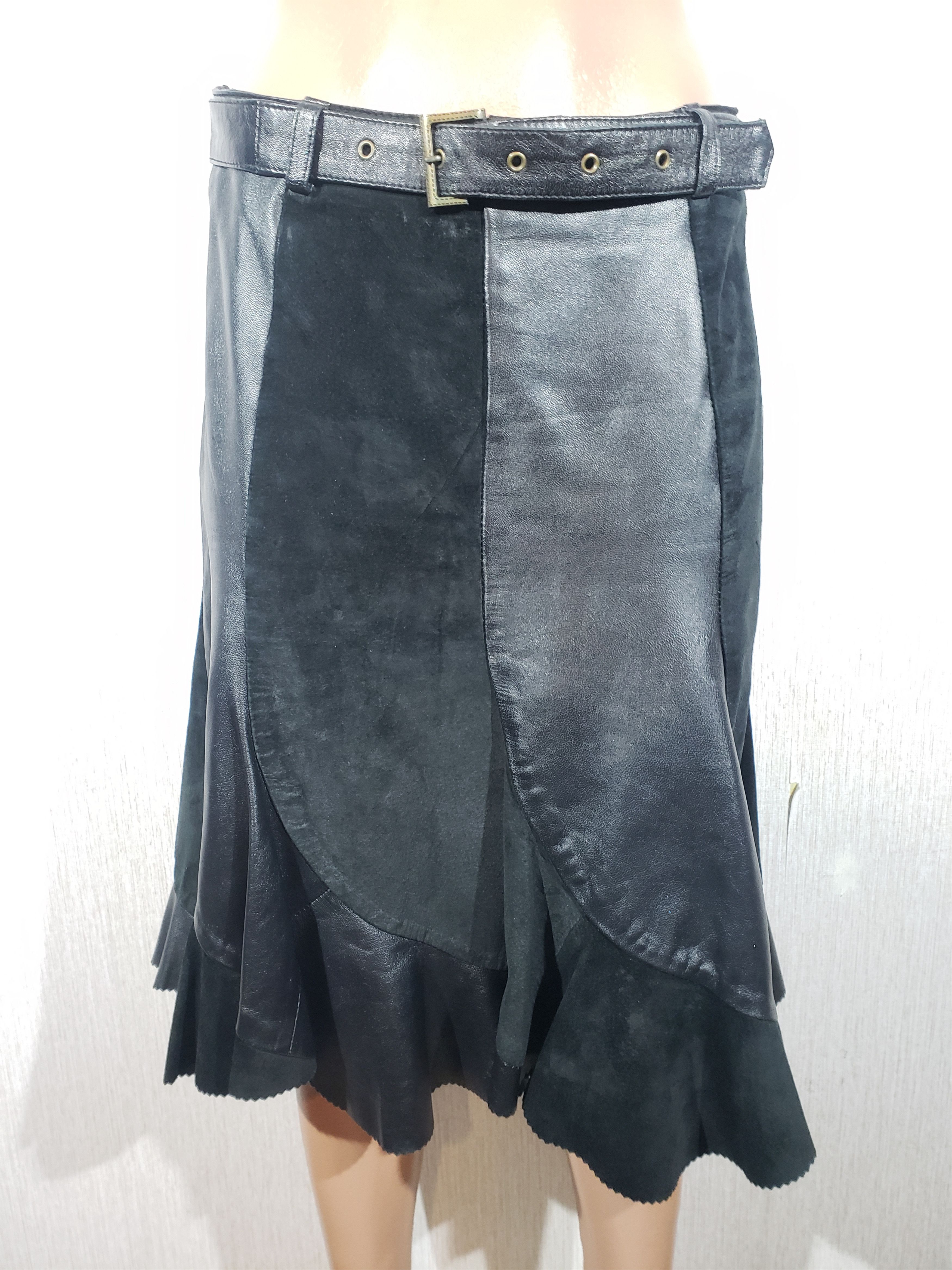 Genuine Leather Black combined leather skirt with pleats. Size 28" / US 6 / IT 42 - 1 Thumbnail